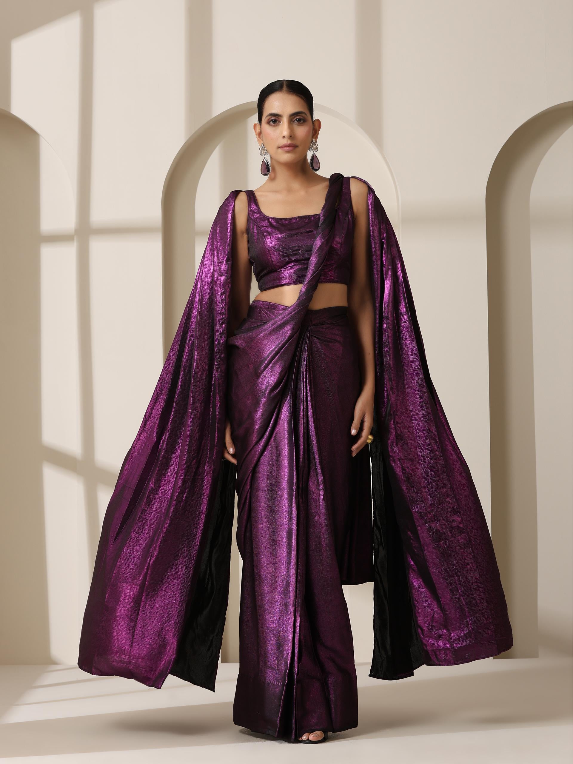 Punk Couture Purple Saree With Self Fabric Blouse