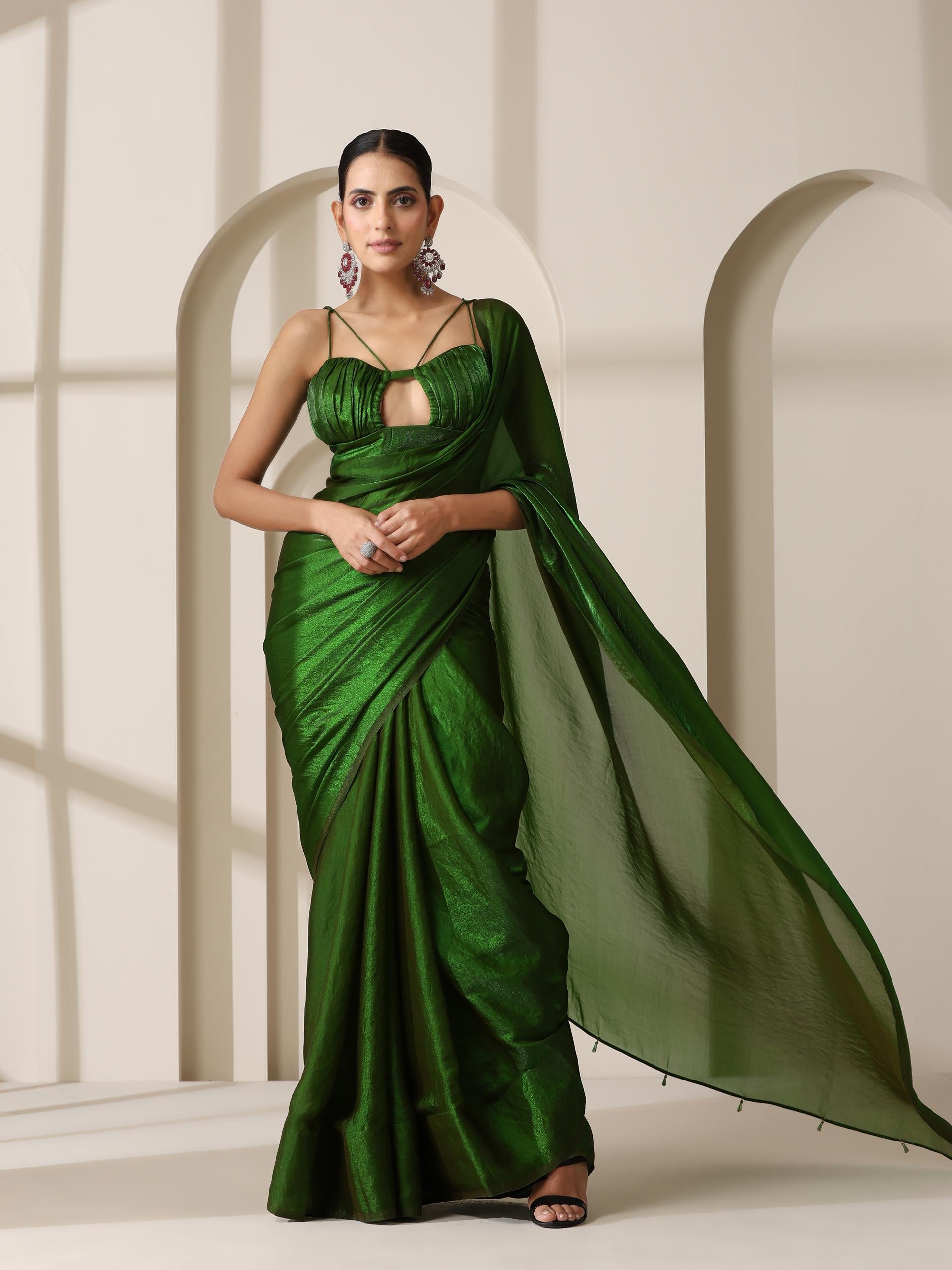 Intoxicated Metallic Satin Green Saree with Blouse Fabric