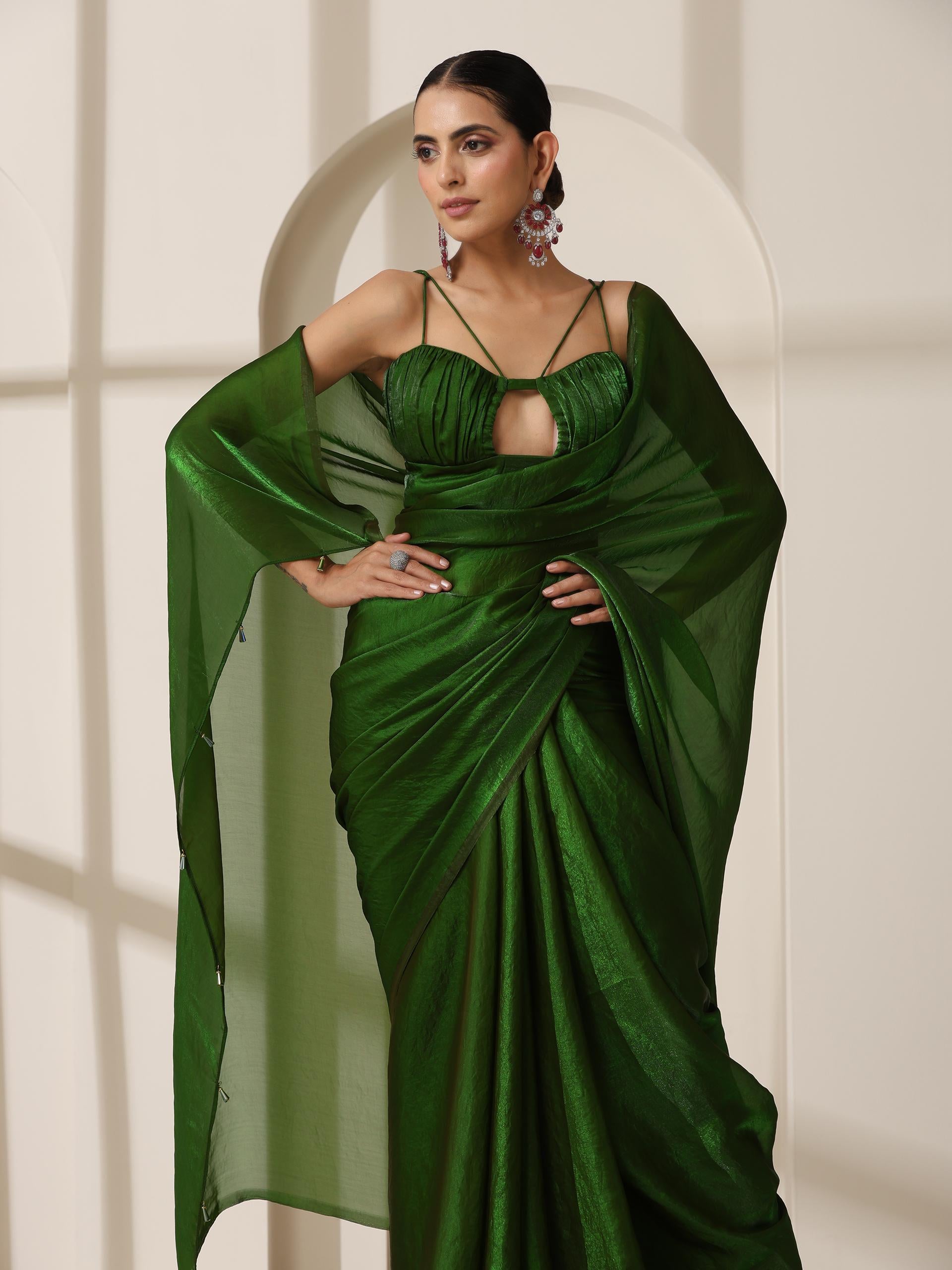 Intoxicated metallic satin green saree with blouse fabric — view 6
