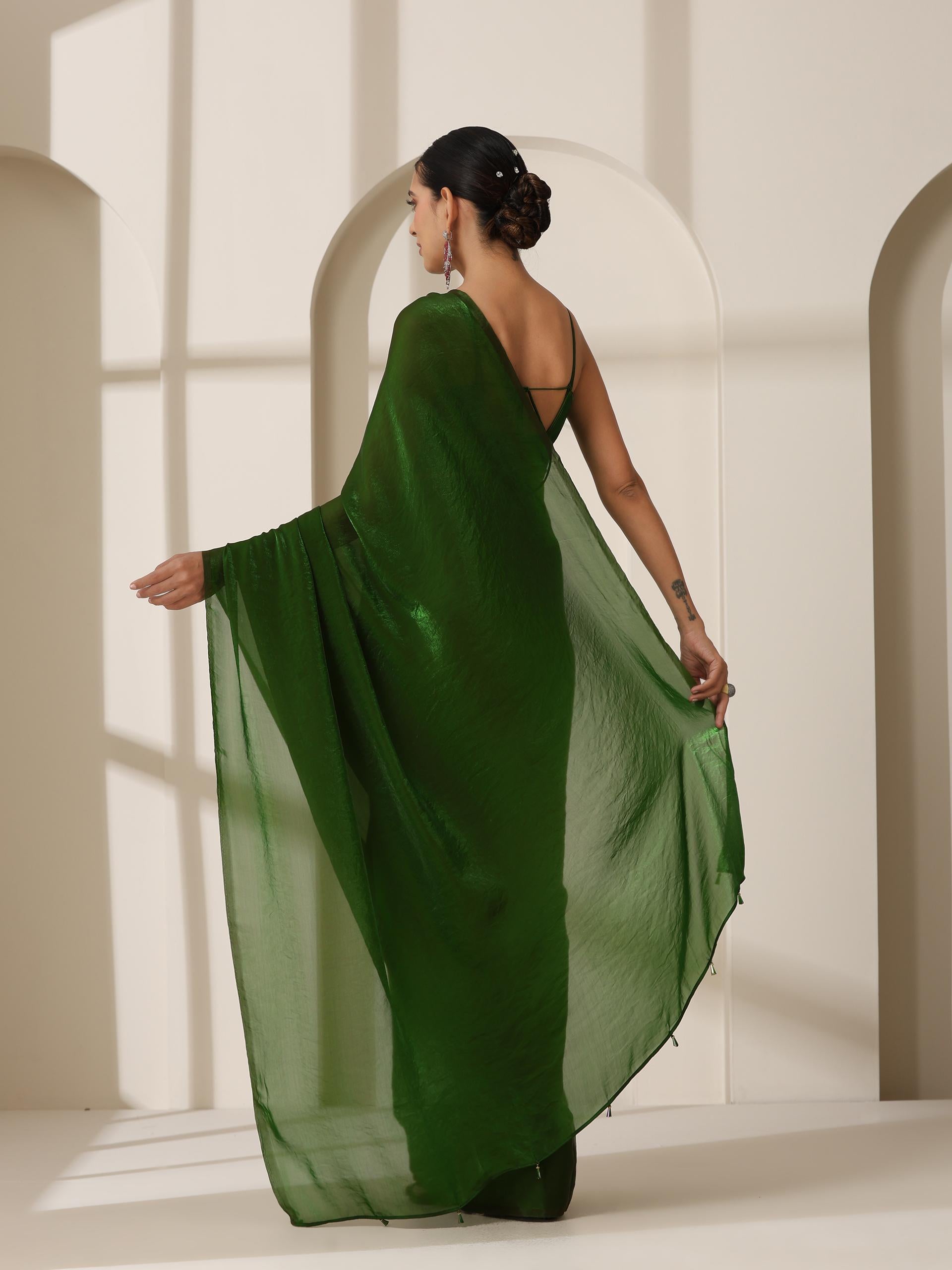 Intoxicated metallic satin green saree with blouse fabric — view 4