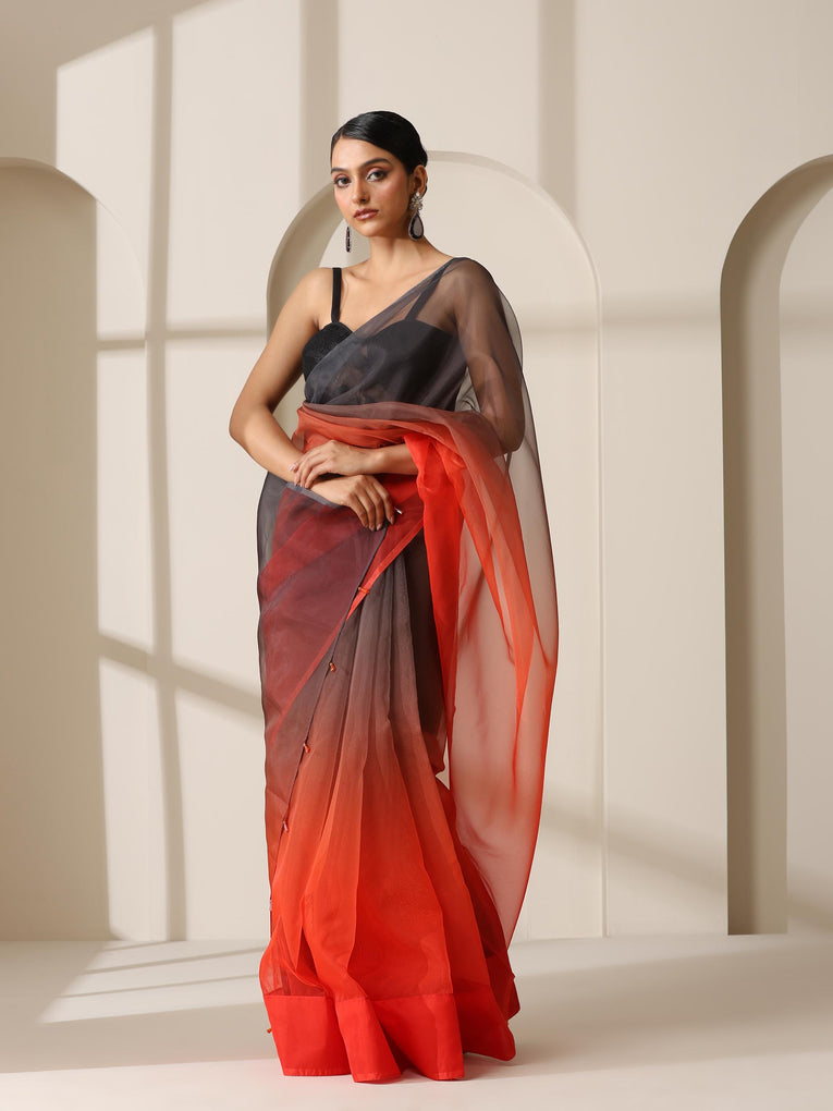 Black and Red Pure Organza Ombre Printed Saree