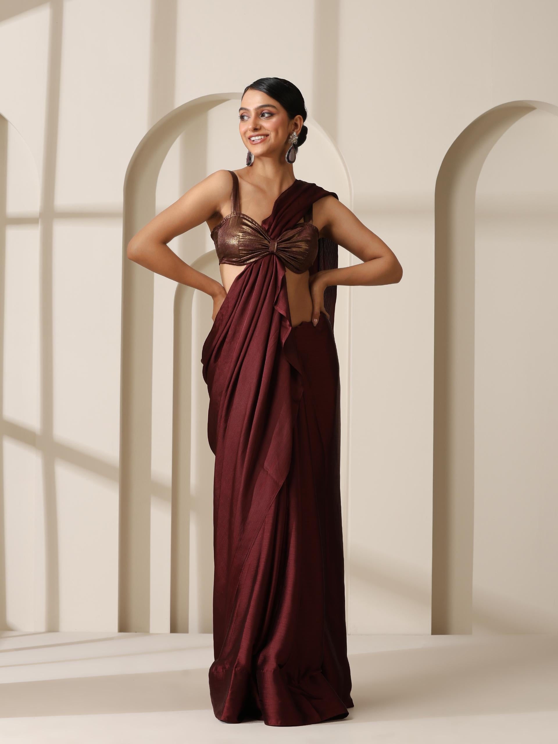 Chocolate Chiffon Saree with Gold Chocolate Blouse Fabric