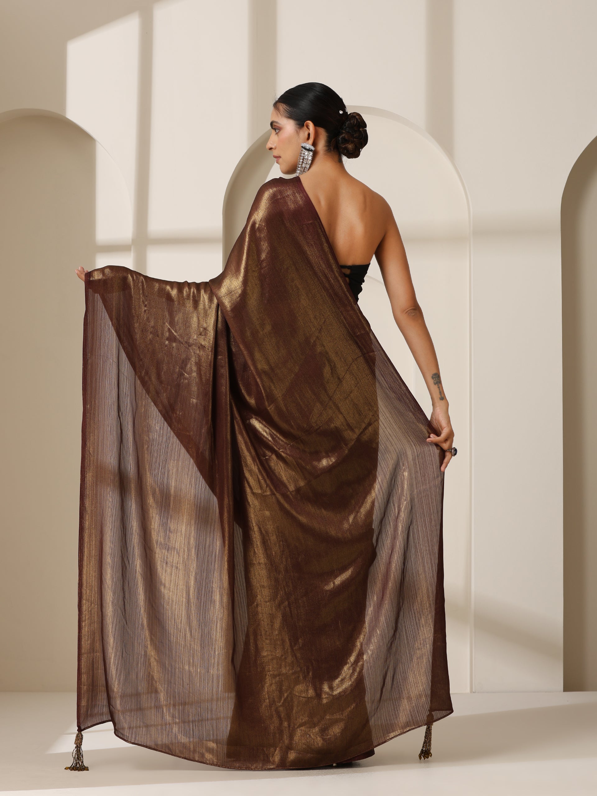 Gold Chocolate Chiffon Saree with Blouse Fabric