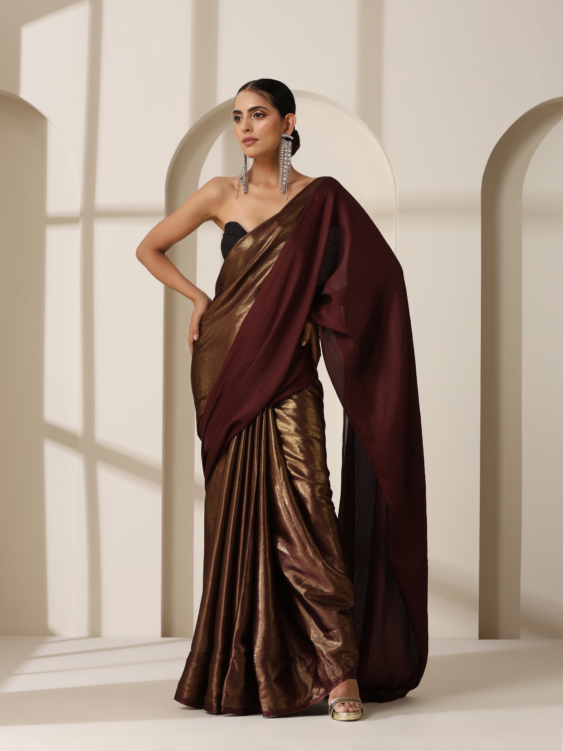Gold Chocolate Chiffon Saree with Blouse Fabric