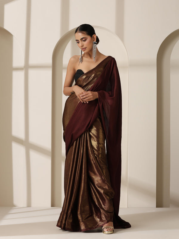 Gold Chocolate Chiffon Saree with Blouse Fabric
