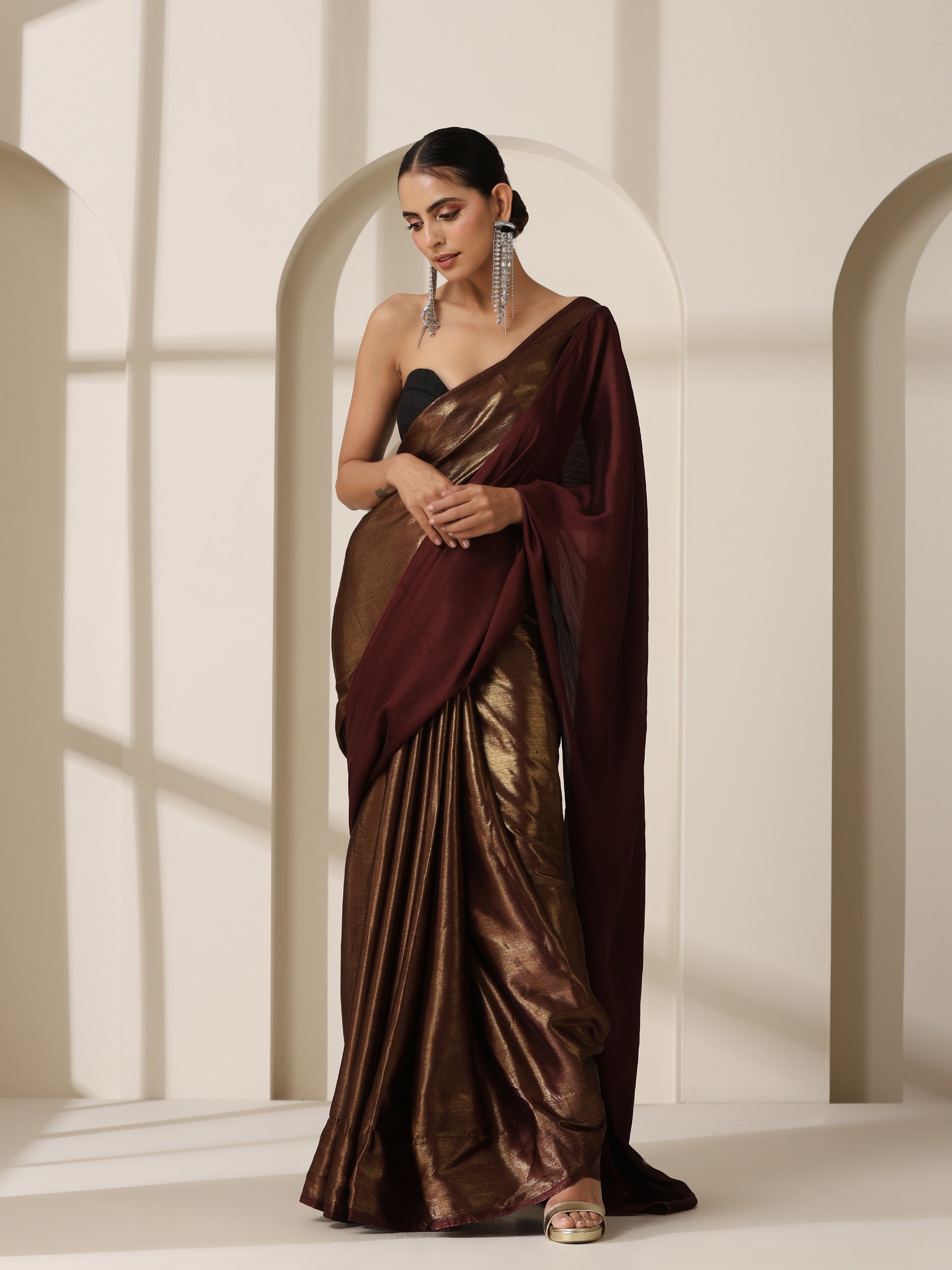 Gold Chocolate Chiffon Saree with Blouse Fabric