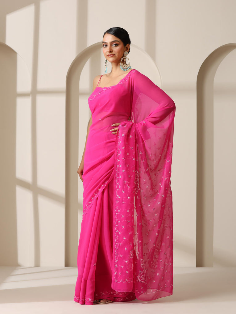 Fuchsia Rahet Hand Chikankari Saree with Blouse Fabric