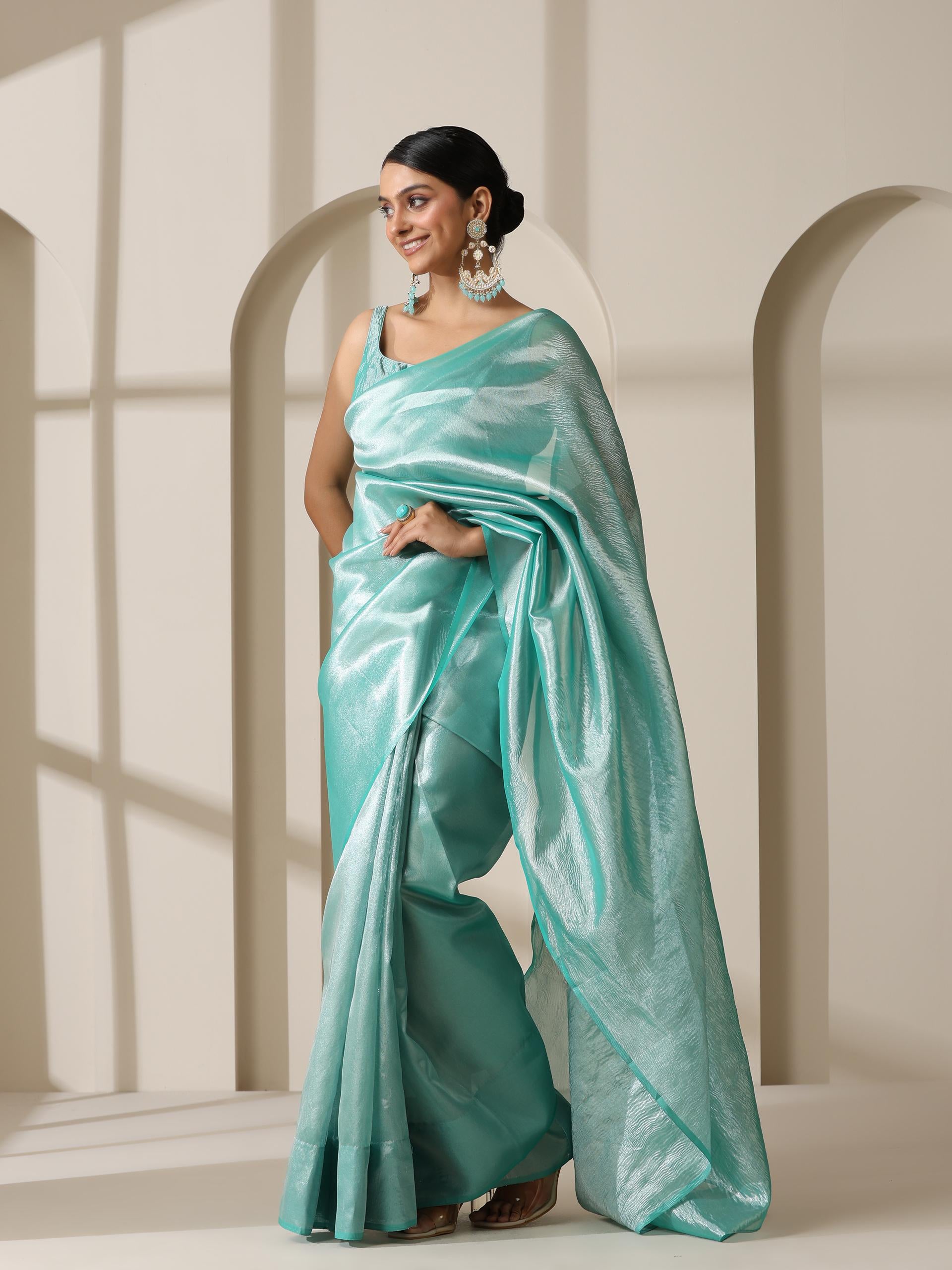 Maldives Blue Banarasi Tissue Saree with Crushed Pallu and Blouse Fabric