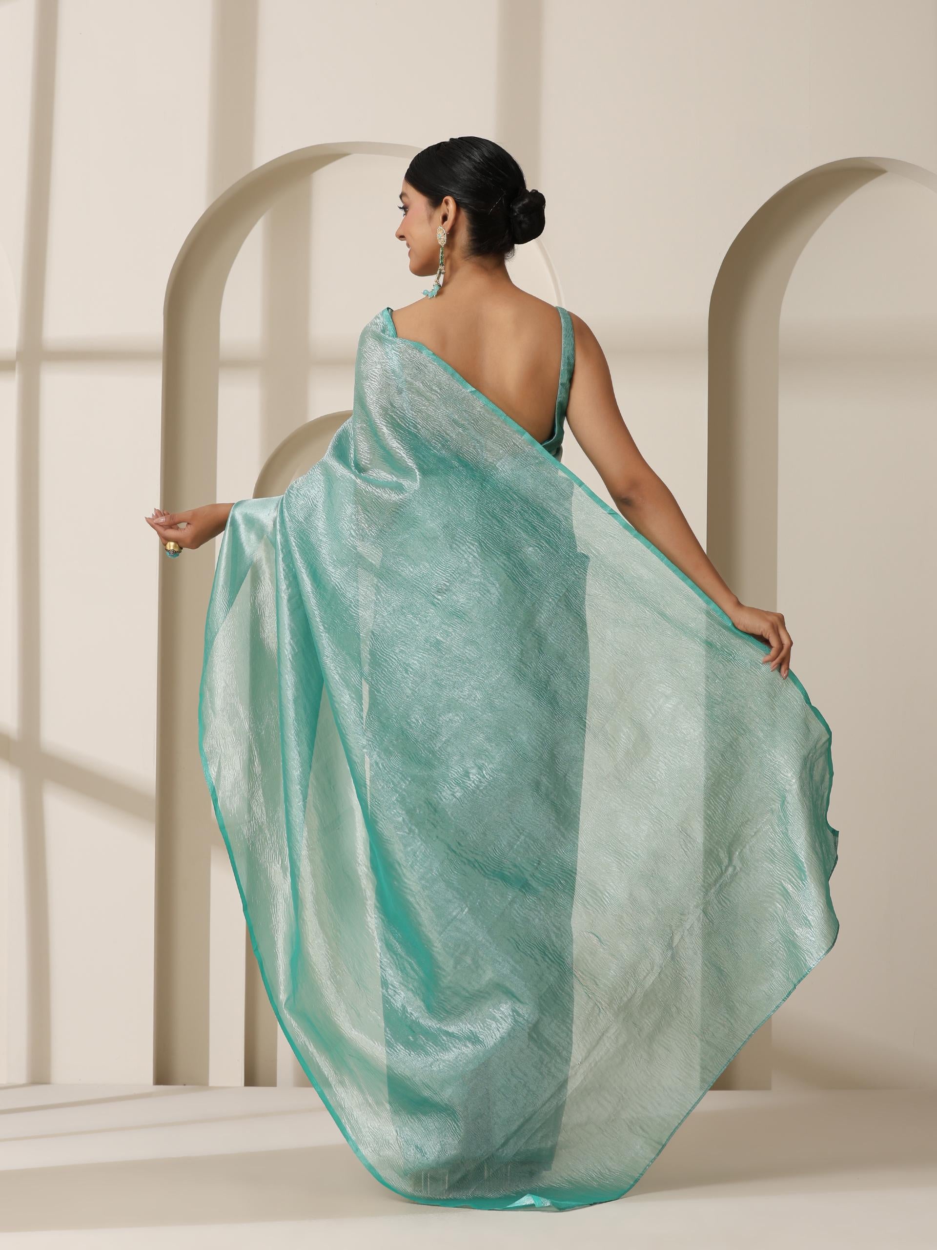 Maldives Blue Banarasi Tissue Saree with Crushed Pallu and Blouse Fabric