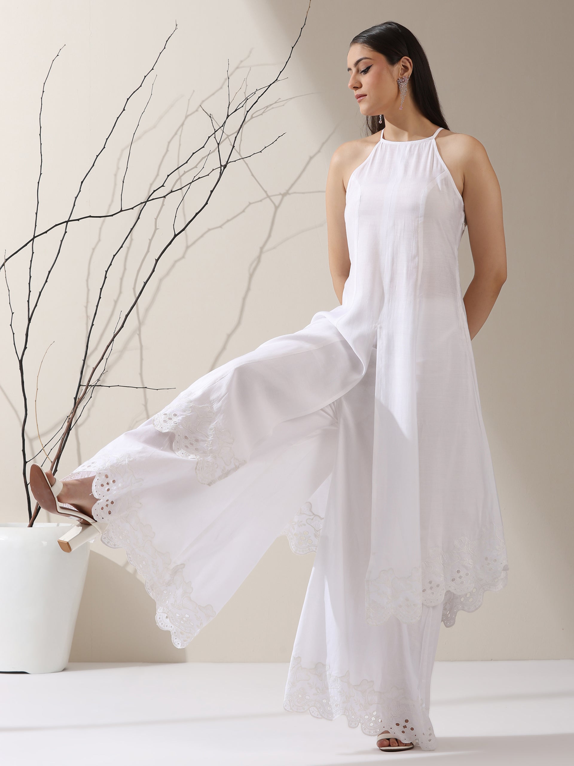 Women's White AirSkin Halter Schiffli Kurta with Schiffli Palazzo | 2 Pc Set, Lightweight Embroidered Co-ord, Elegant Summer Wear