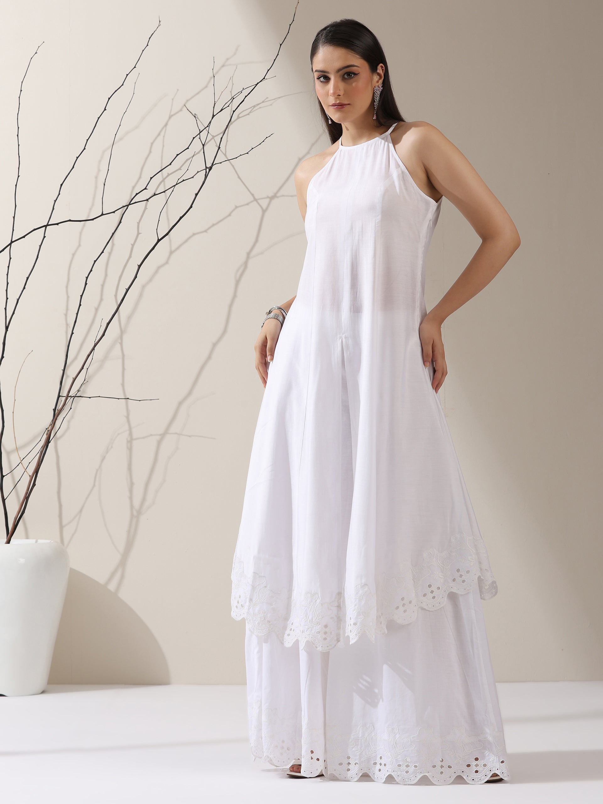Women's White AirSkin Halter Schiffli Kurta with Schiffli Palazzo | 2 Pc Set, Lightweight Embroidered Co-ord, Elegant Summer Wear