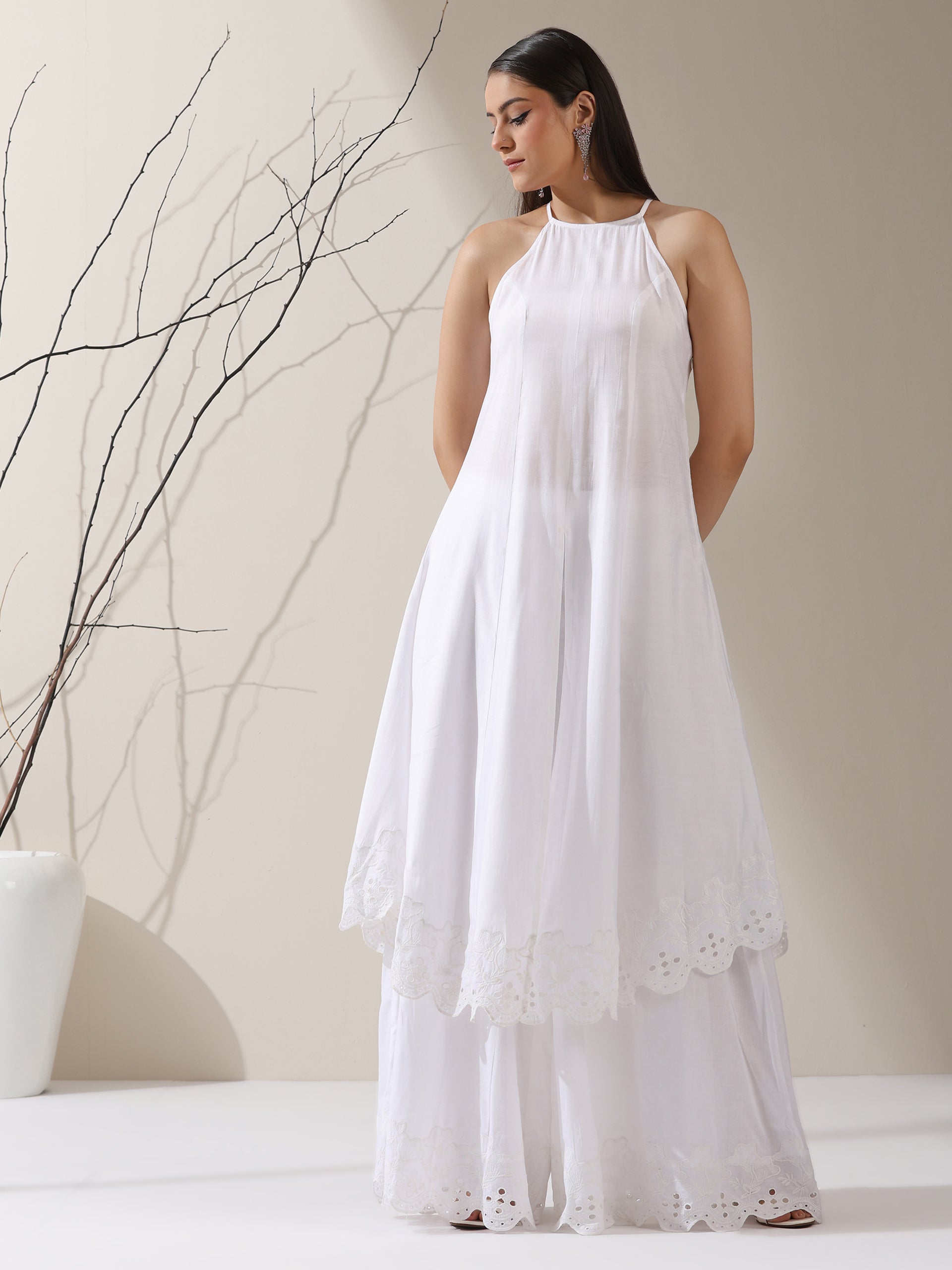 Women's White AirSkin Halter Schiffli Kurta with Schiffli Palazzo | 2 Pc Set, Lightweight Embroidered Co-ord, Elegant Summer Wear