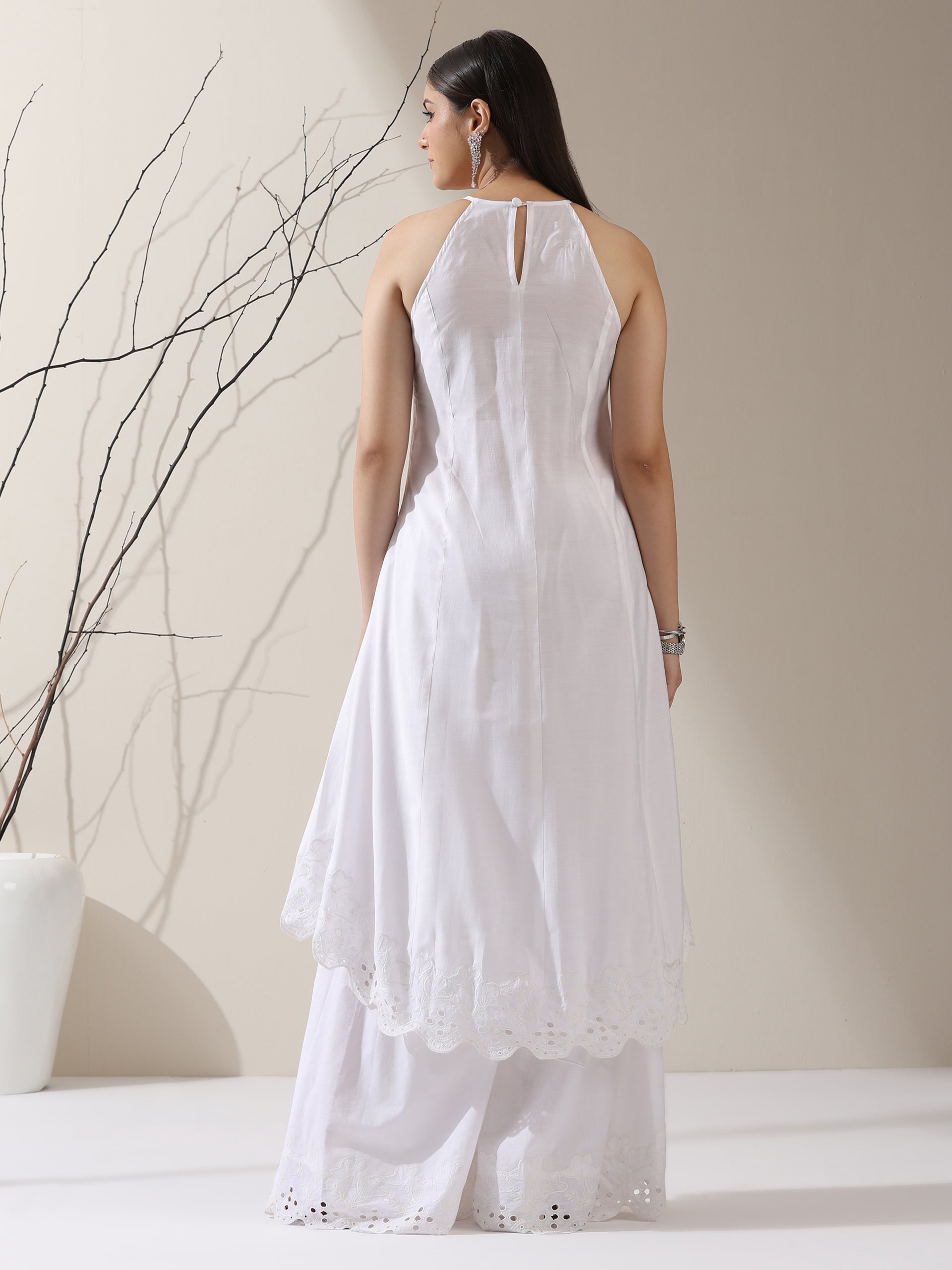Women's White AirSkin Halter Schiffli Kurta with Schiffli Palazzo | 2 Pc Set, Lightweight Embroidered Co-ord, Elegant Summer Wear