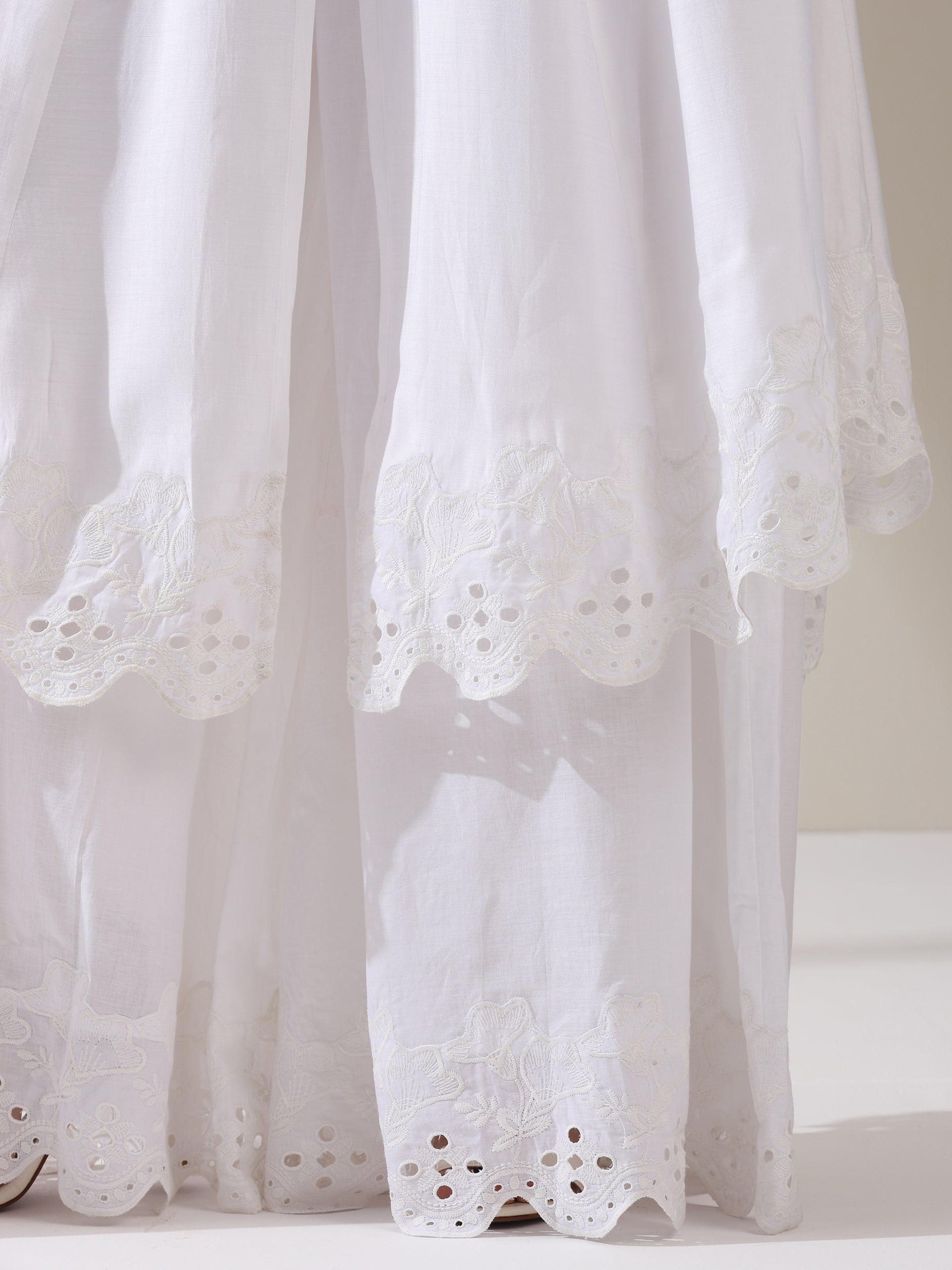 Women's White AirSkin Halter Schiffli Kurta with Schiffli Palazzo | 2 Pc Set, Lightweight Embroidered Co-ord, Elegant Summer Wear