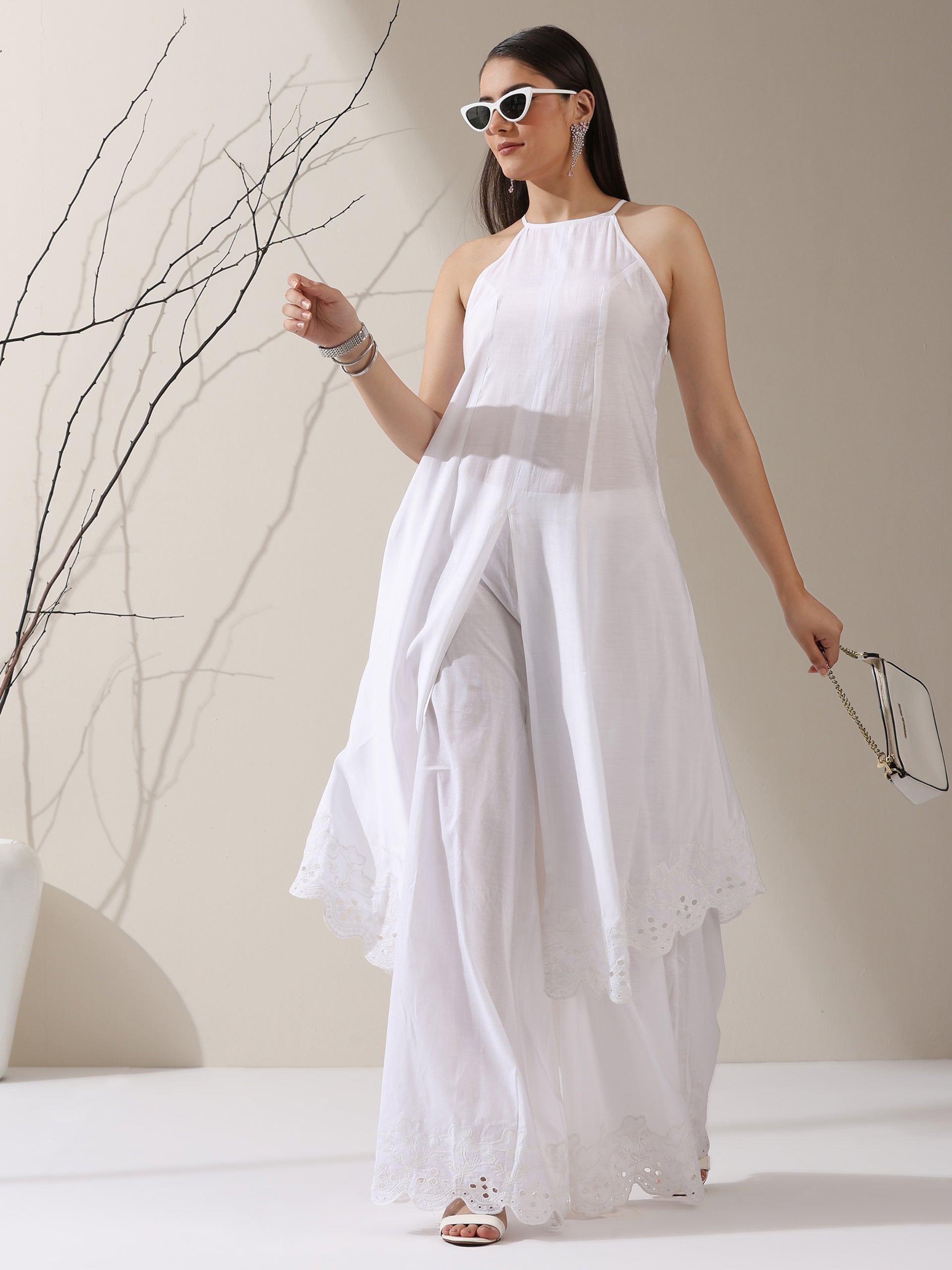 Women's White AirSkin Halter Schiffli Kurta with Schiffli Palazzo | 2 Pc Set, Lightweight Embroidered Co-ord, Elegant Summer Wear