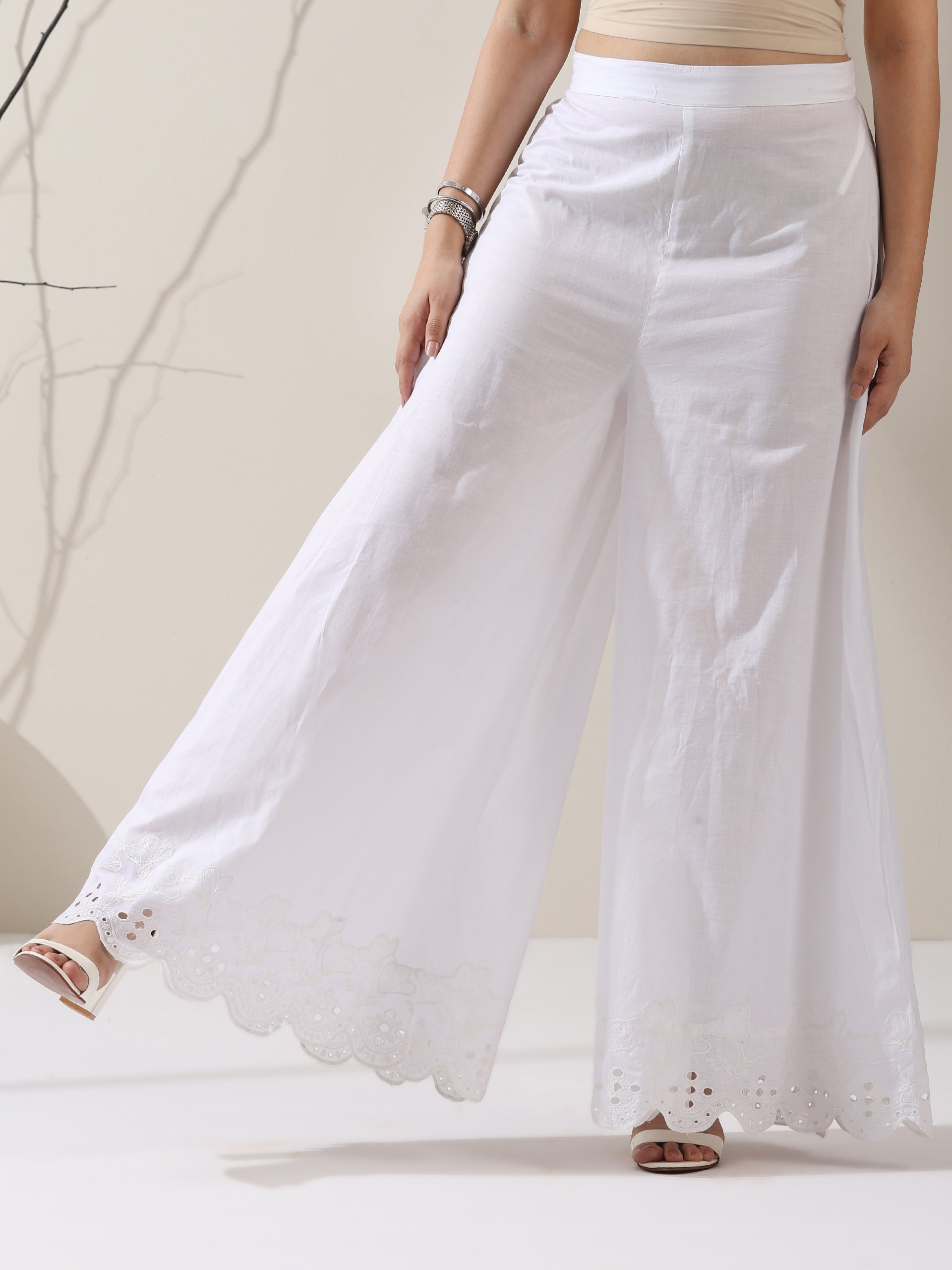 Women's White AirSkin Halter Schiffli Kurta with Schiffli Palazzo | 2 Pc Set, Lightweight Embroidered Co-ord, Elegant Summer Wear