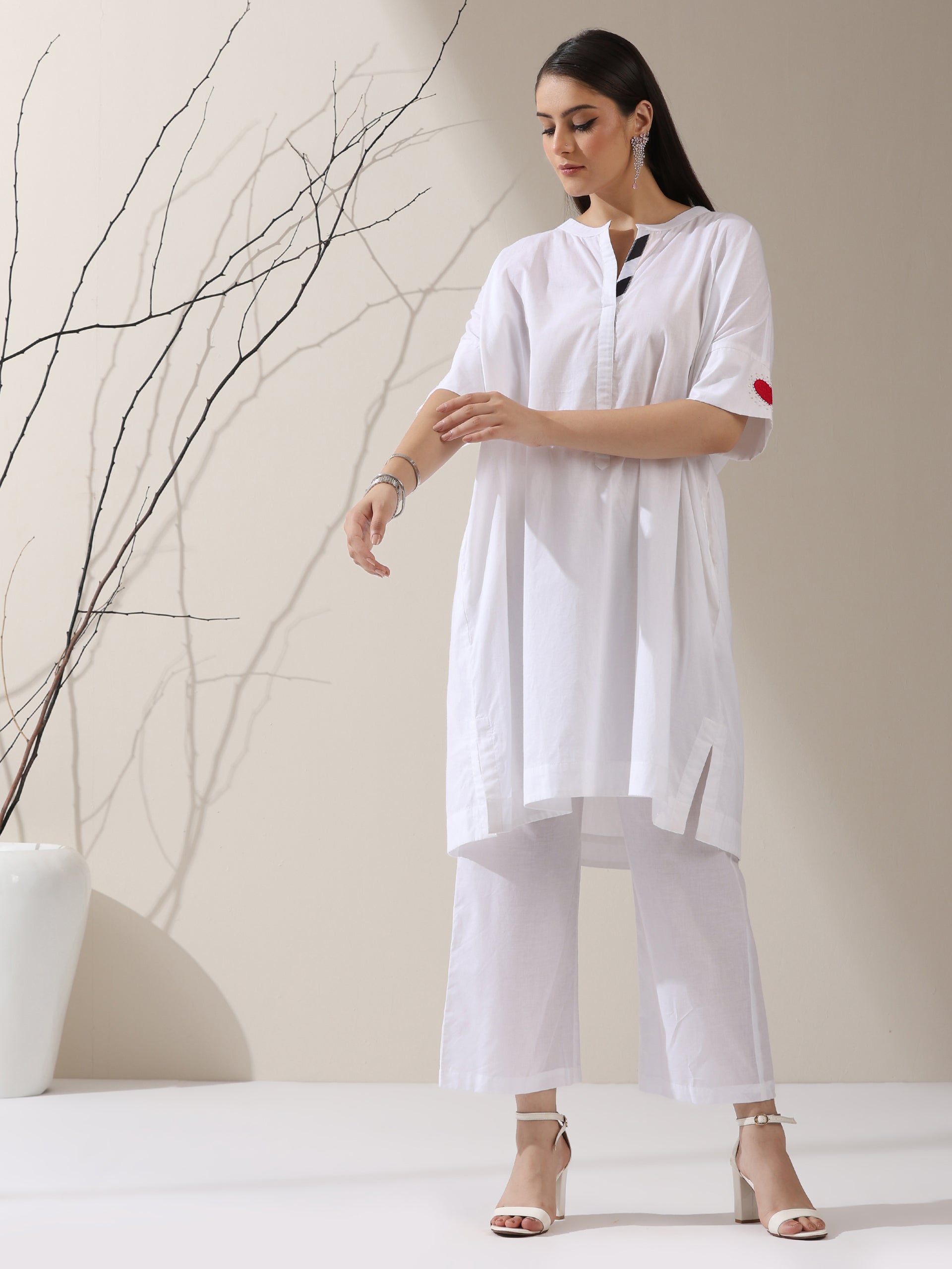 Women's White Cotton Kurta with Red Heart & Pants | 2 Pc Set, Easy Fit, Playful Everyday Ethnic Co-ord