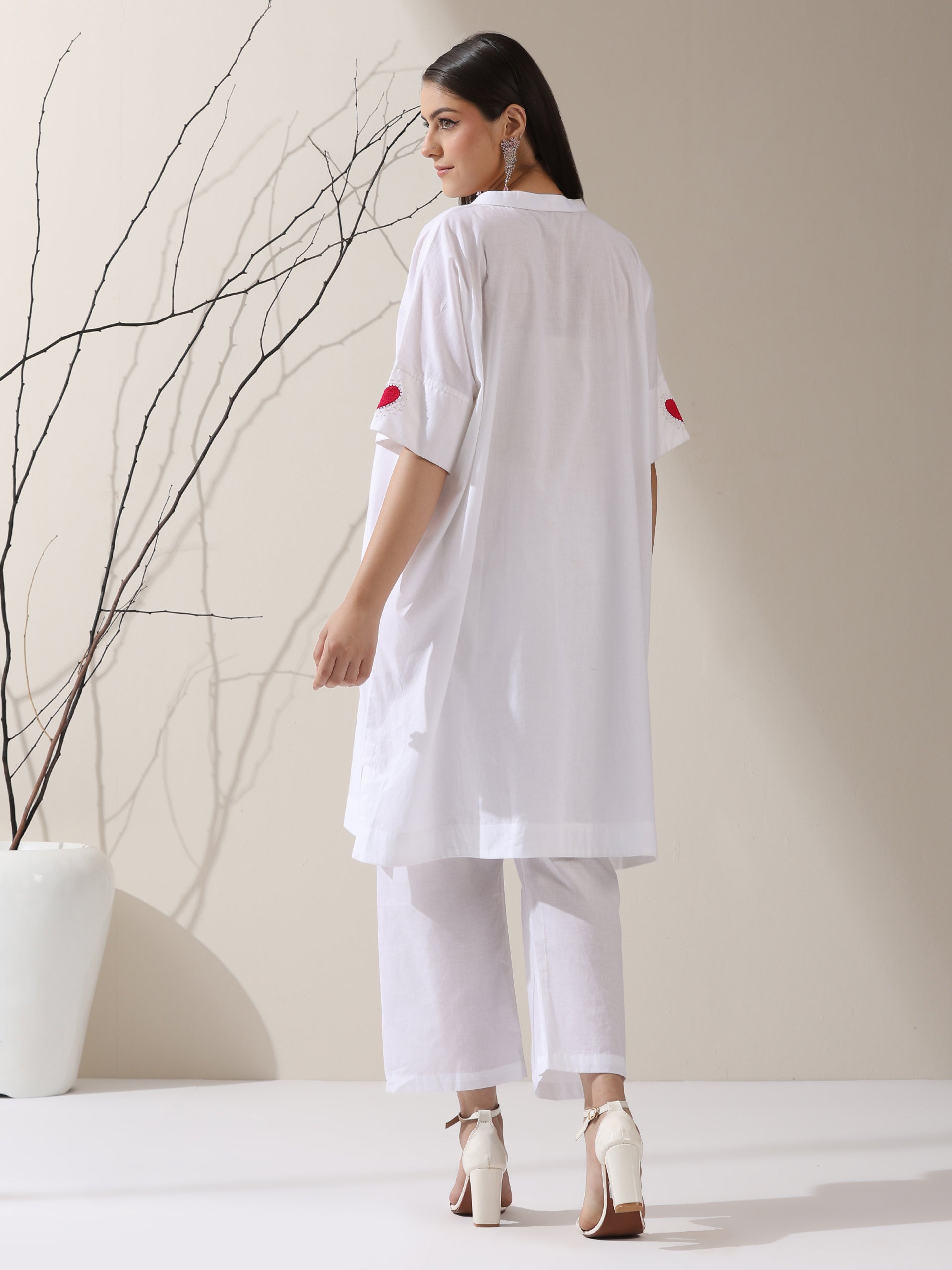 Women's White Cotton Kurta with Red Heart & Pants | 2 Pc Set, Easy Fit, Playful Everyday Ethnic Co-ord