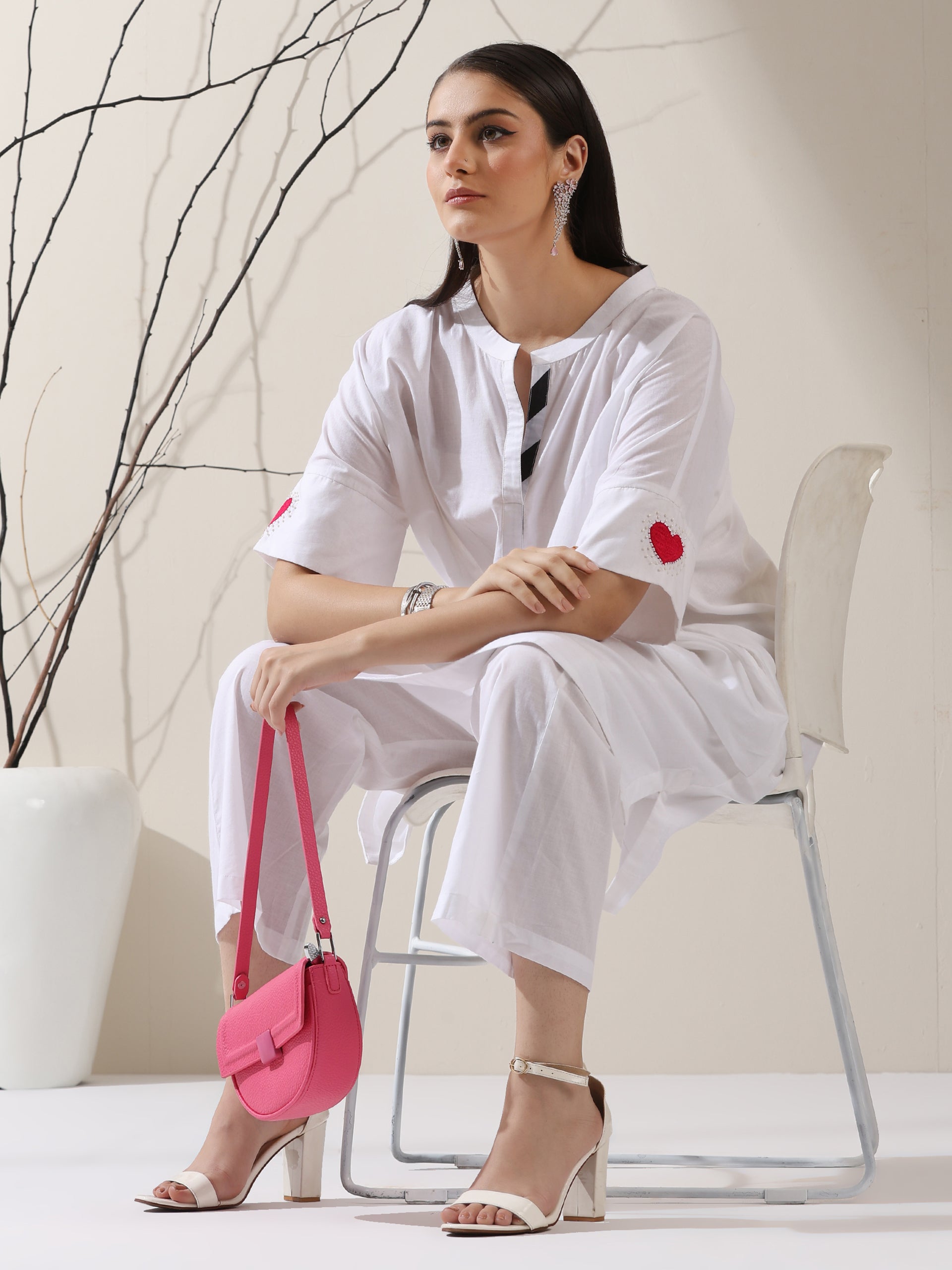 Women's White Cotton Kurta with Red Heart & Pants | 2 Pc Set, Easy Fit, Playful Everyday Ethnic Co-ord