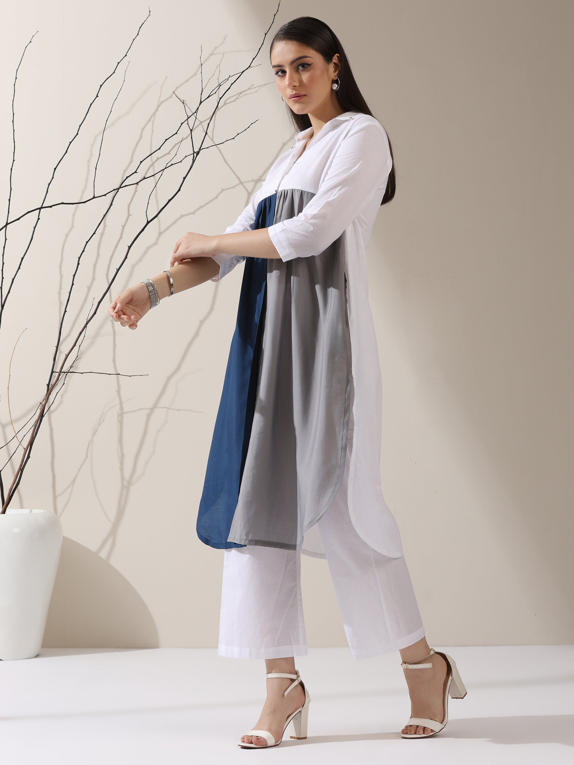 Women's White AirSkin Color Block Kurta with Navy & Grey Panels and Pants | 2 Pc Set, Cool Ethnic Co-ord, Contemporary Everyday Wear