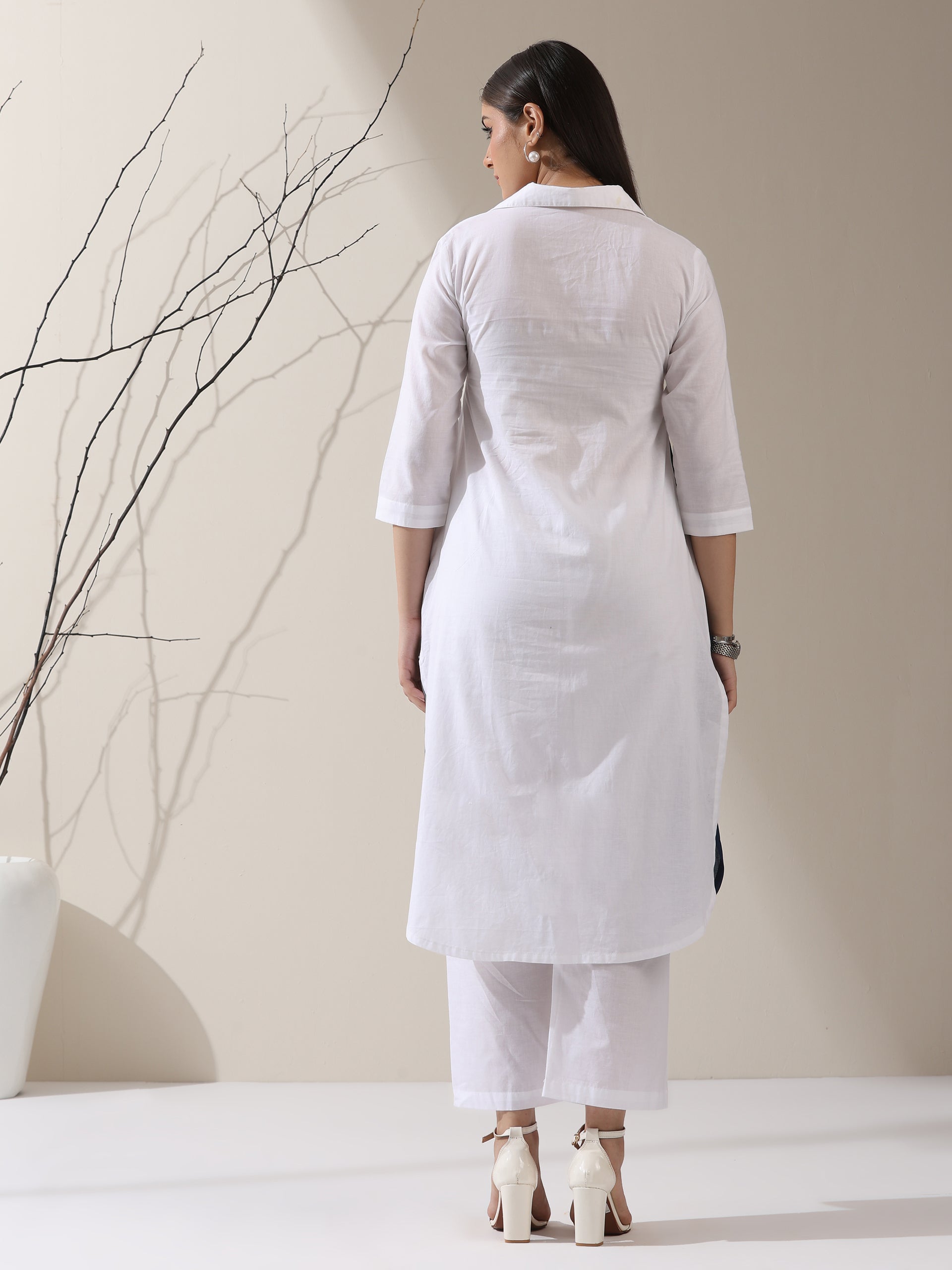 Women's White AirSkin Color Block Kurta with Navy & Grey Panels and Pants | 2 Pc Set, Cool Ethnic Co-ord, Contemporary Everyday Wear