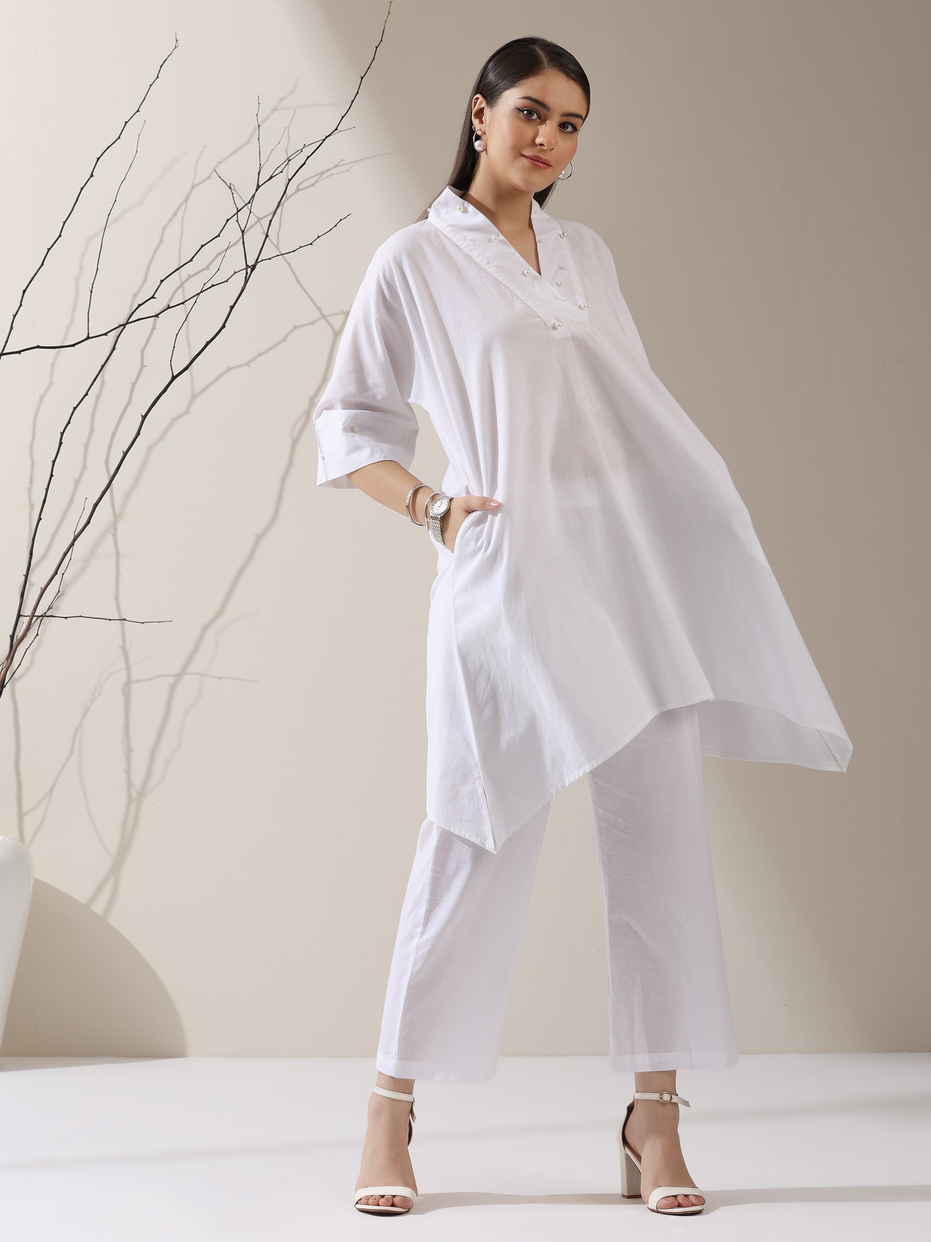 2-Piece White Cotton Kurta Set for Women – Japanese-Inspired Design with Pearl Detailing & Pants | Elegant Ethnic Co-ord