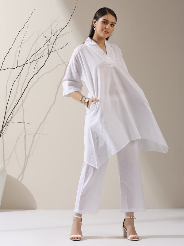2-Piece White Cotton Kurta Set for Women – Japanese-Inspired Design with Pearl Detailing & Pants | Elegant Ethnic Co-ord
