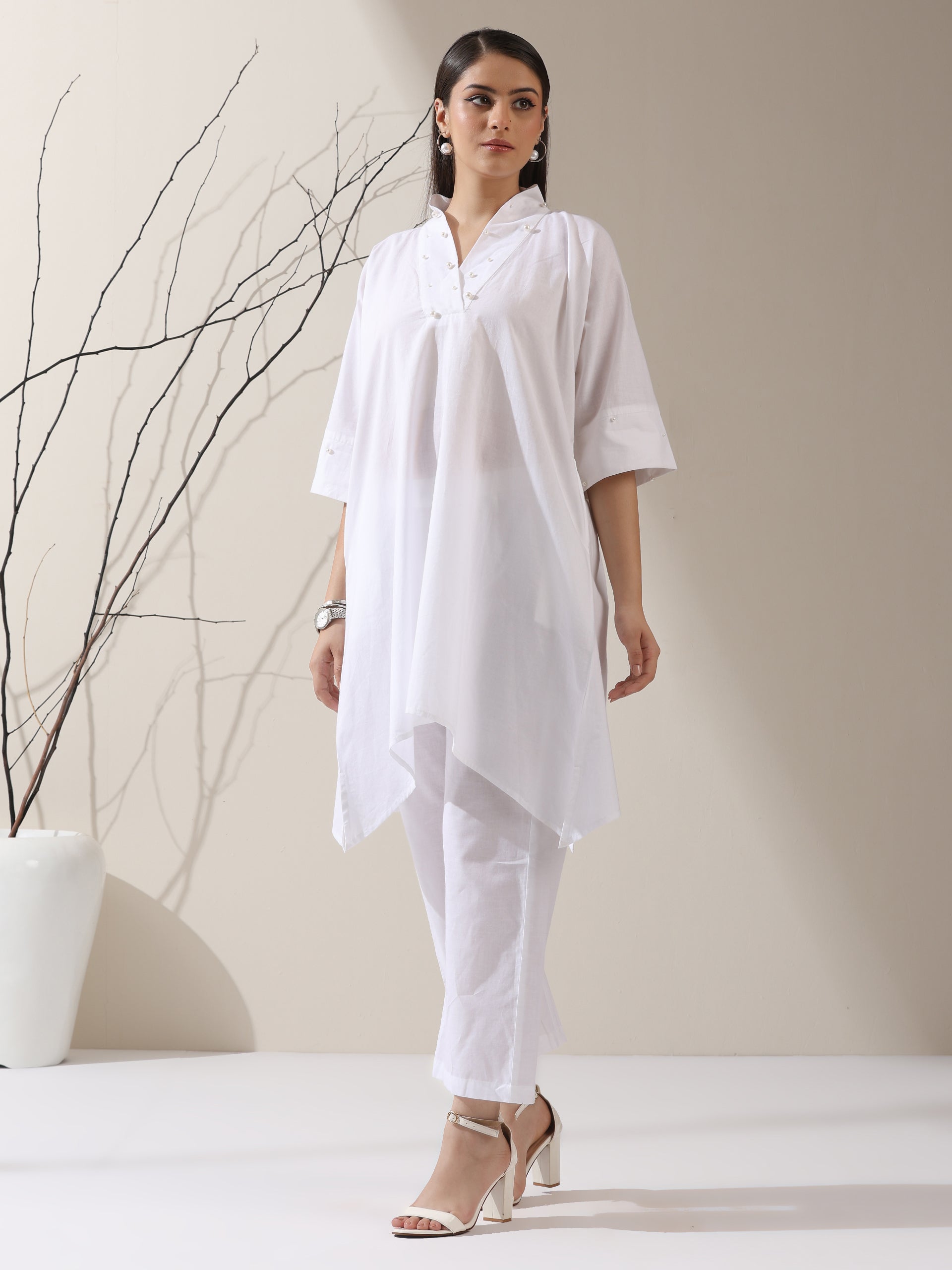 Women's White Cotton Top with Japanese Overlap & Pearl Detailing | 1 Pc, Elegant Fusion Wear, Minimal Chic