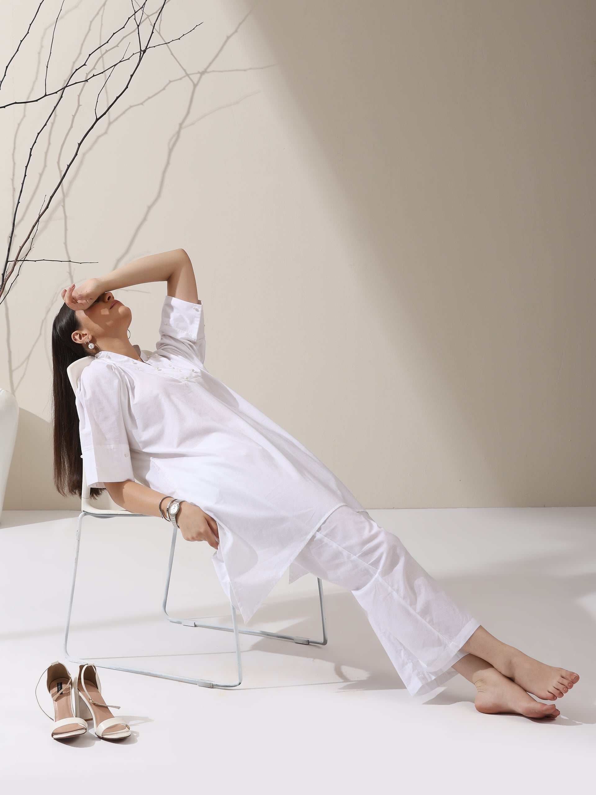 Women's White Cotton Top with Japanese Overlap & Pearl Detailing | 1 Pc, Elegant Fusion Wear, Minimal Chic