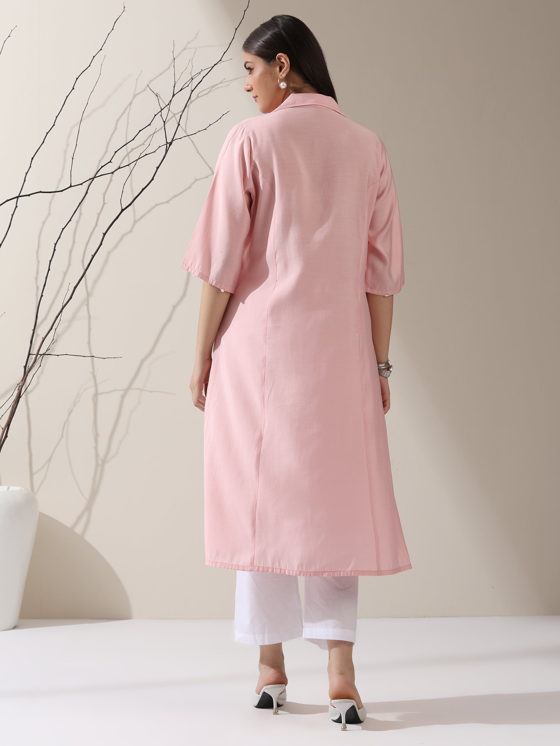 Women's Pink AirSkin Paneled Kurta with Triangle Beads and Pants | 2 Pc Set, Lightweight Ethnic Co-ord, Elegant Everyday Wear