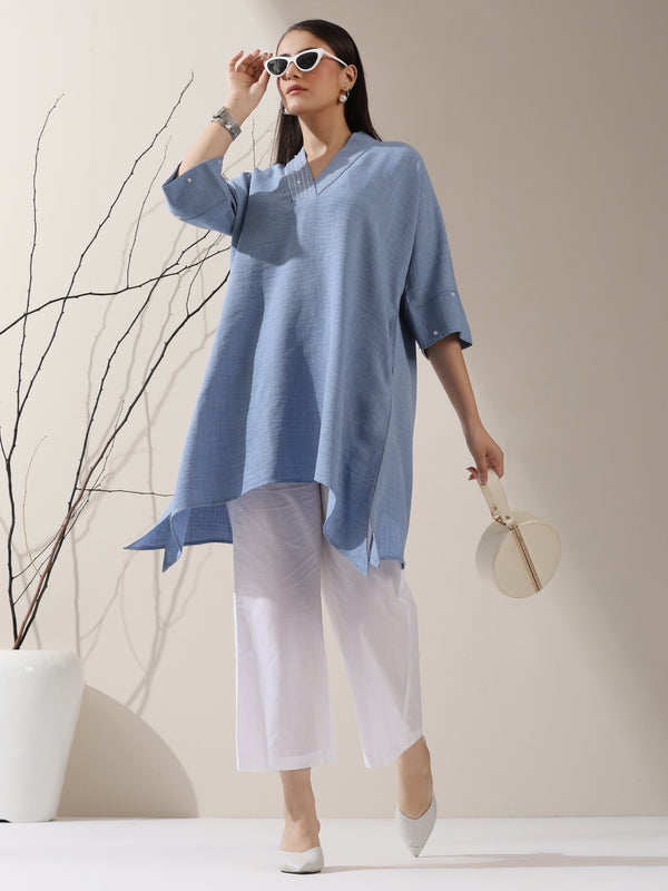 Women's Sky Blue Linen Blend Top with White Cotton Pants – 2-Piece Set with Half Sleeves | Casual Summer Co-ord