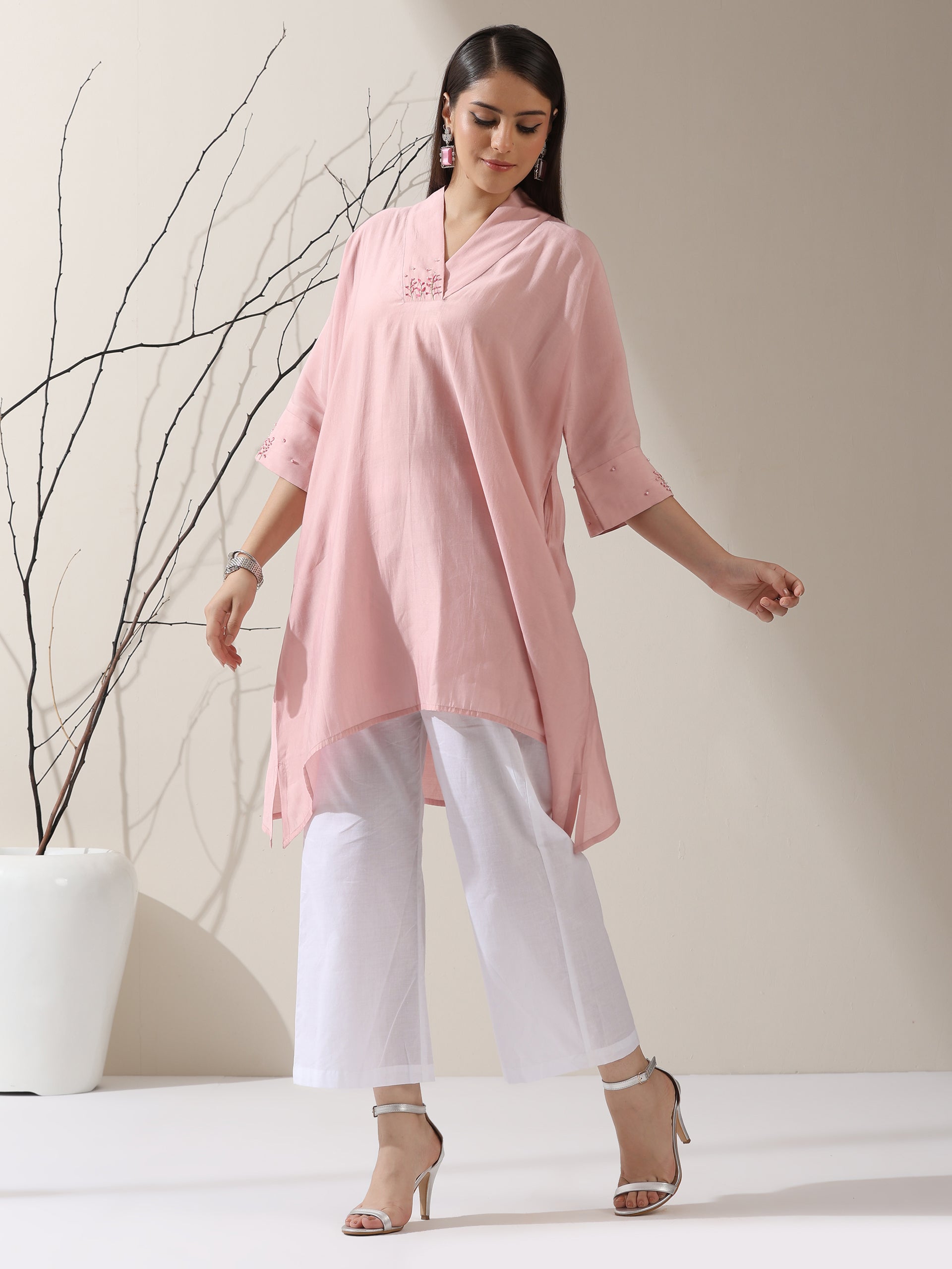 2-Piece Pink AirSkin Kurta Set for Women – Japanese-Inspired Hand Embroidered Top with Matching Pants | Lightweight Ethnic Co-ord
