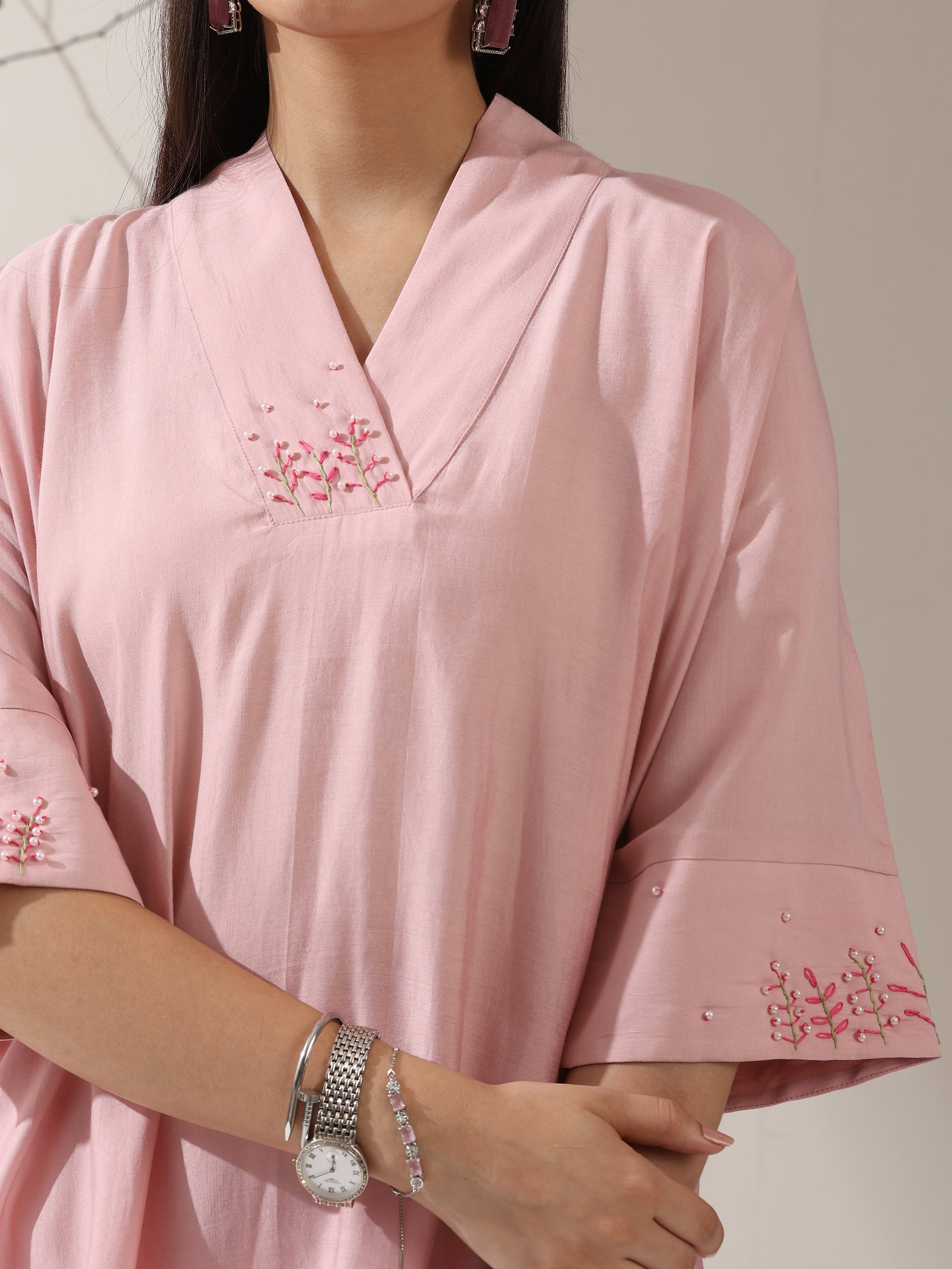 2-Piece Pink AirSkin Kurta Set for Women – Japanese-Inspired Hand Embroidered Top with Matching Pants | Lightweight Ethnic Co-ord