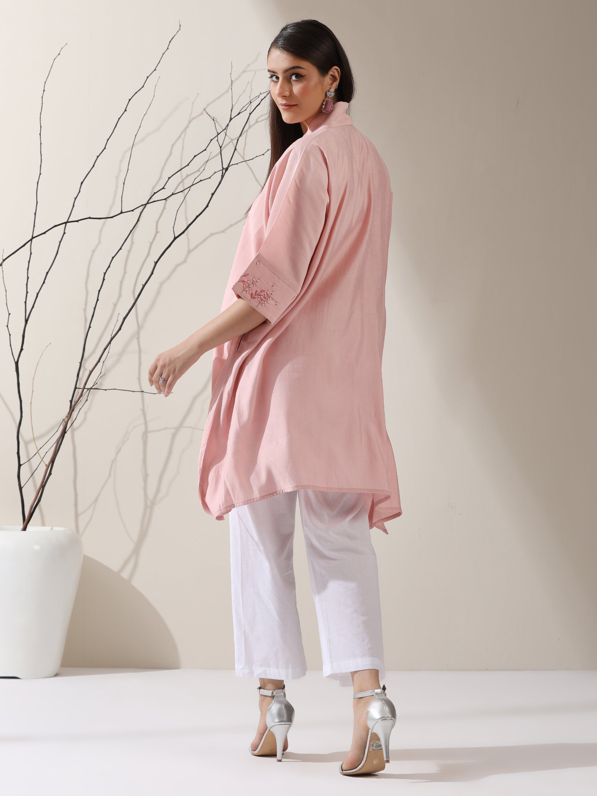 2-Piece Pink AirSkin Kurta Set for Women – Japanese-Inspired Hand Embroidered Top with Matching Pants | Lightweight Ethnic Co-ord