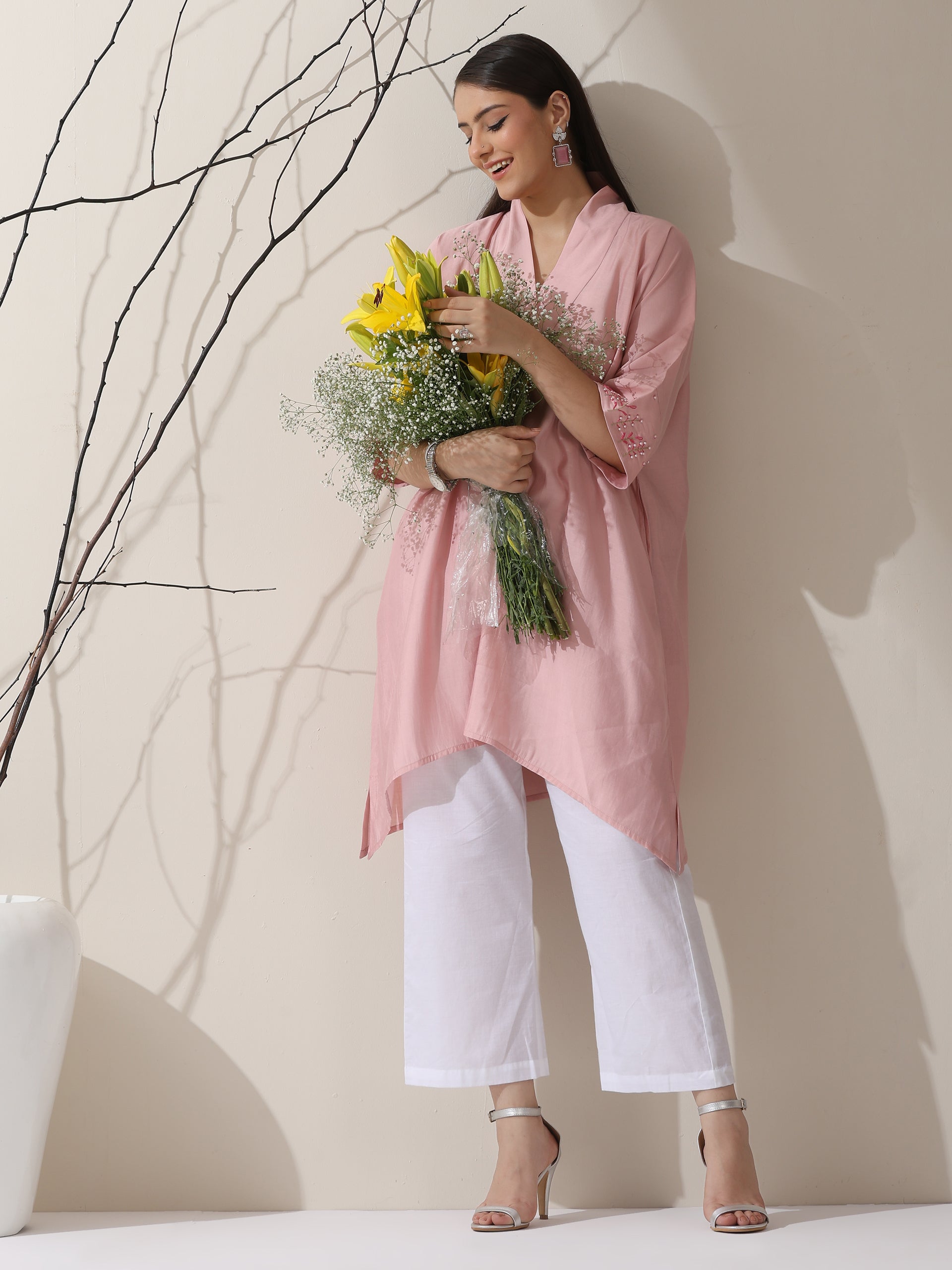 2-Piece Pink AirSkin Kurta Set for Women – Japanese-Inspired Hand Embroidered Top with Matching Pants | Lightweight Ethnic Co-ord