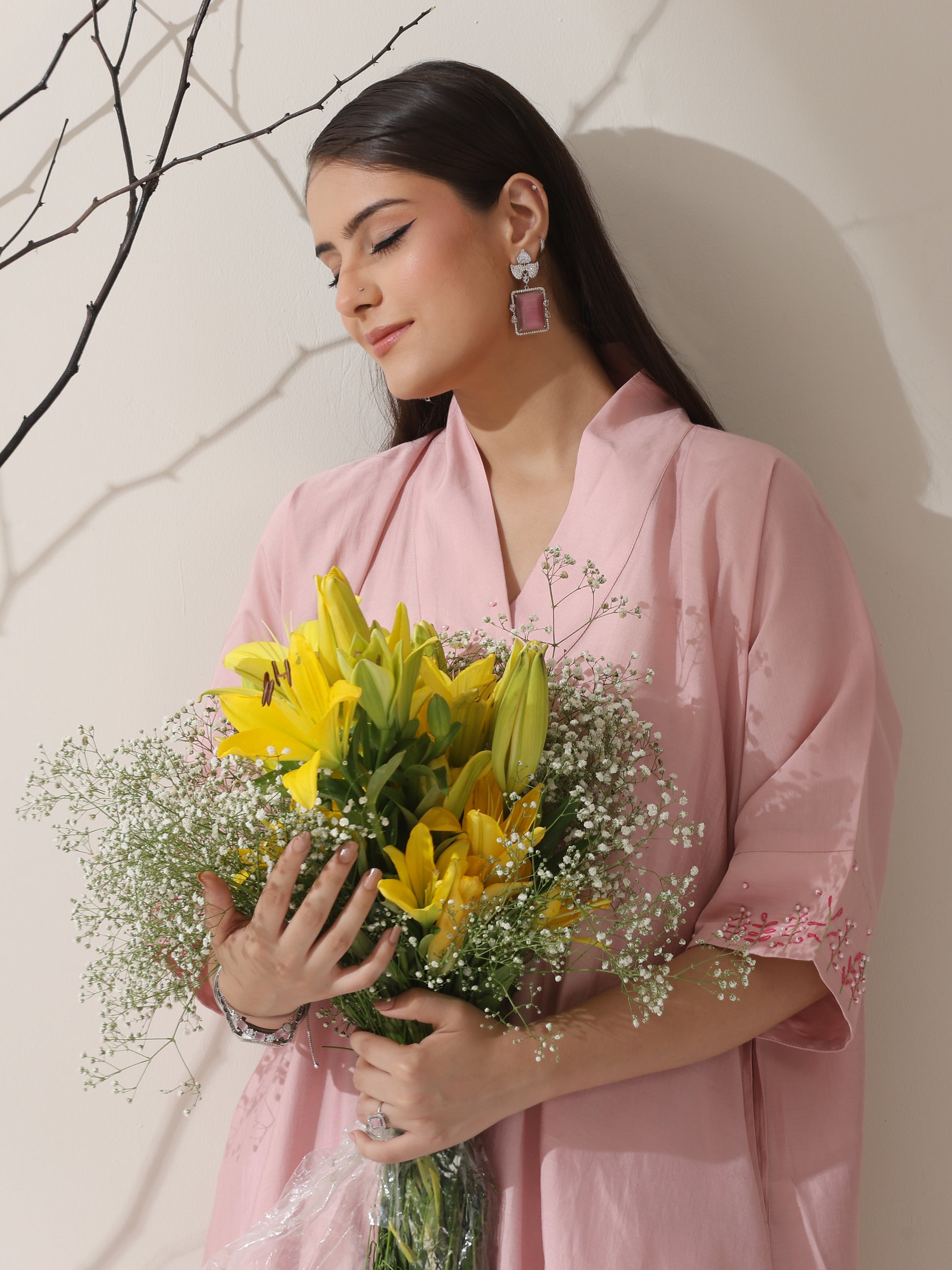 2-Piece Pink AirSkin Kurta Set for Women – Japanese-Inspired Hand Embroidered Top with Matching Pants | Lightweight Ethnic Co-ord