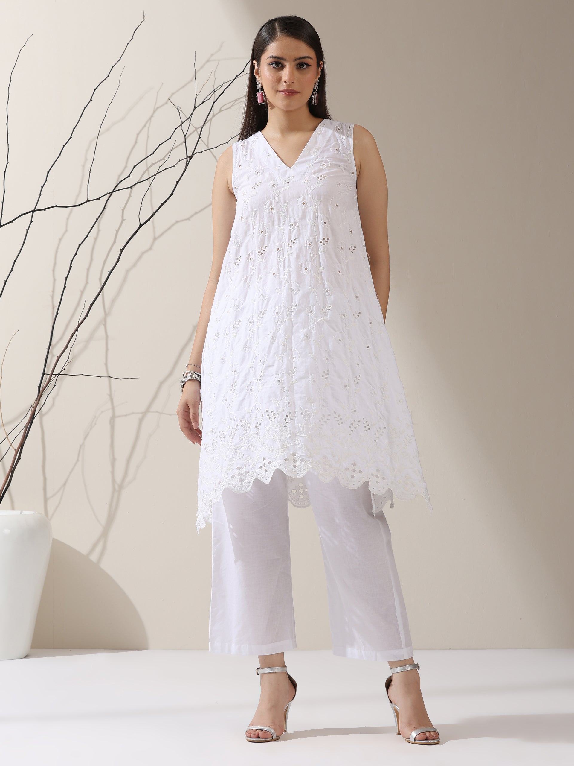 Women's White Cotton Kurta with All-Over Creeper Schiffli & Pants | 2 Pc Set, Embroidered Ethnic Co-ord, Breezy Summer Wear