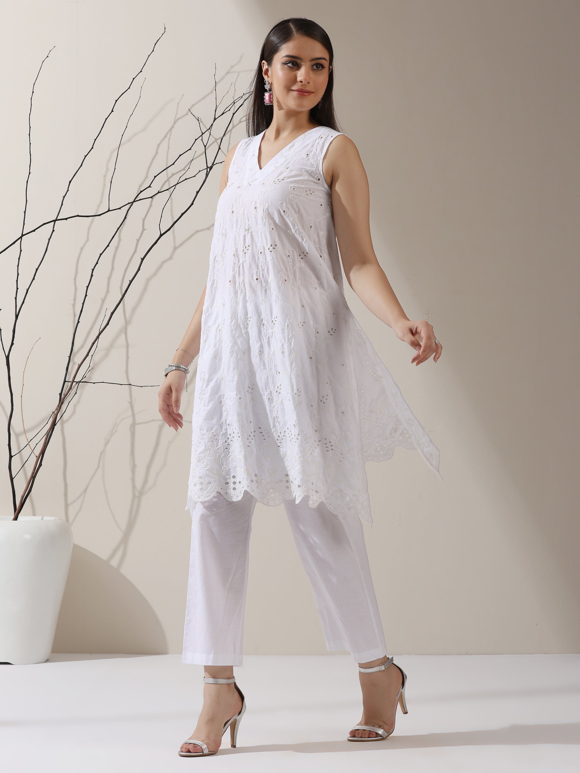 Women's White Cotton Kurta with All-Over Creeper Schiffli & Pants | 2 Pc Set, Embroidered Ethnic Co-ord, Breezy Summer Wear