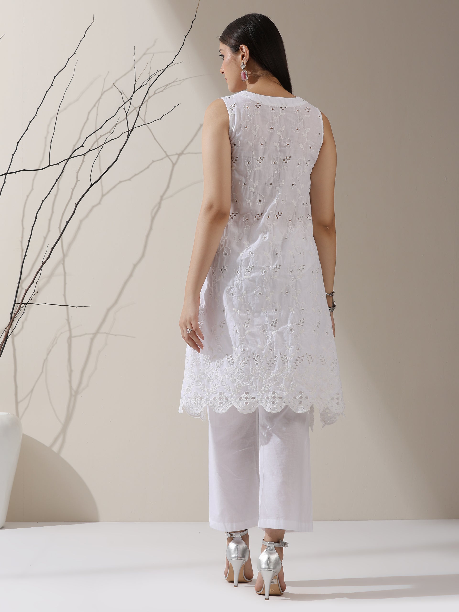 Women's White Cotton Kurta with All-Over Creeper Schiffli & Pants | 2 Pc Set, Embroidered Ethnic Co-ord, Breezy Summer Wear
