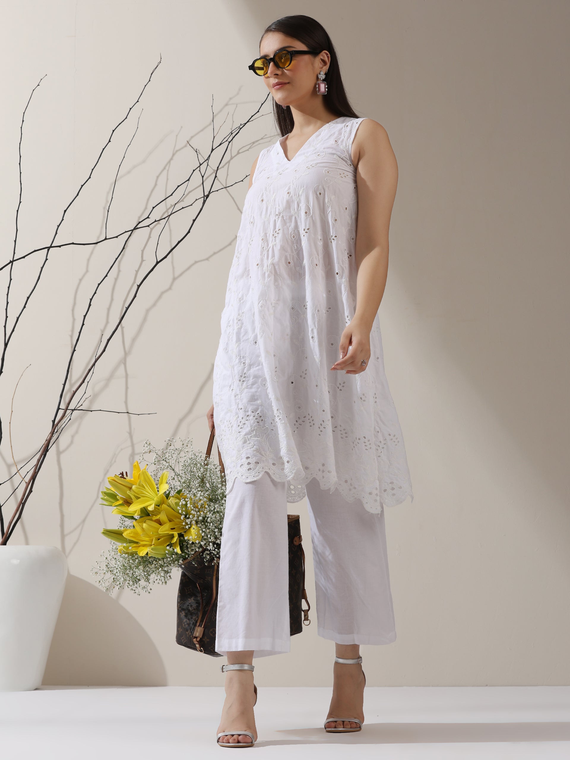 Women's White Cotton Kurta with All-Over Creeper Schiffli & Pants | 2 Pc Set, Embroidered Ethnic Co-ord, Breezy Summer Wear