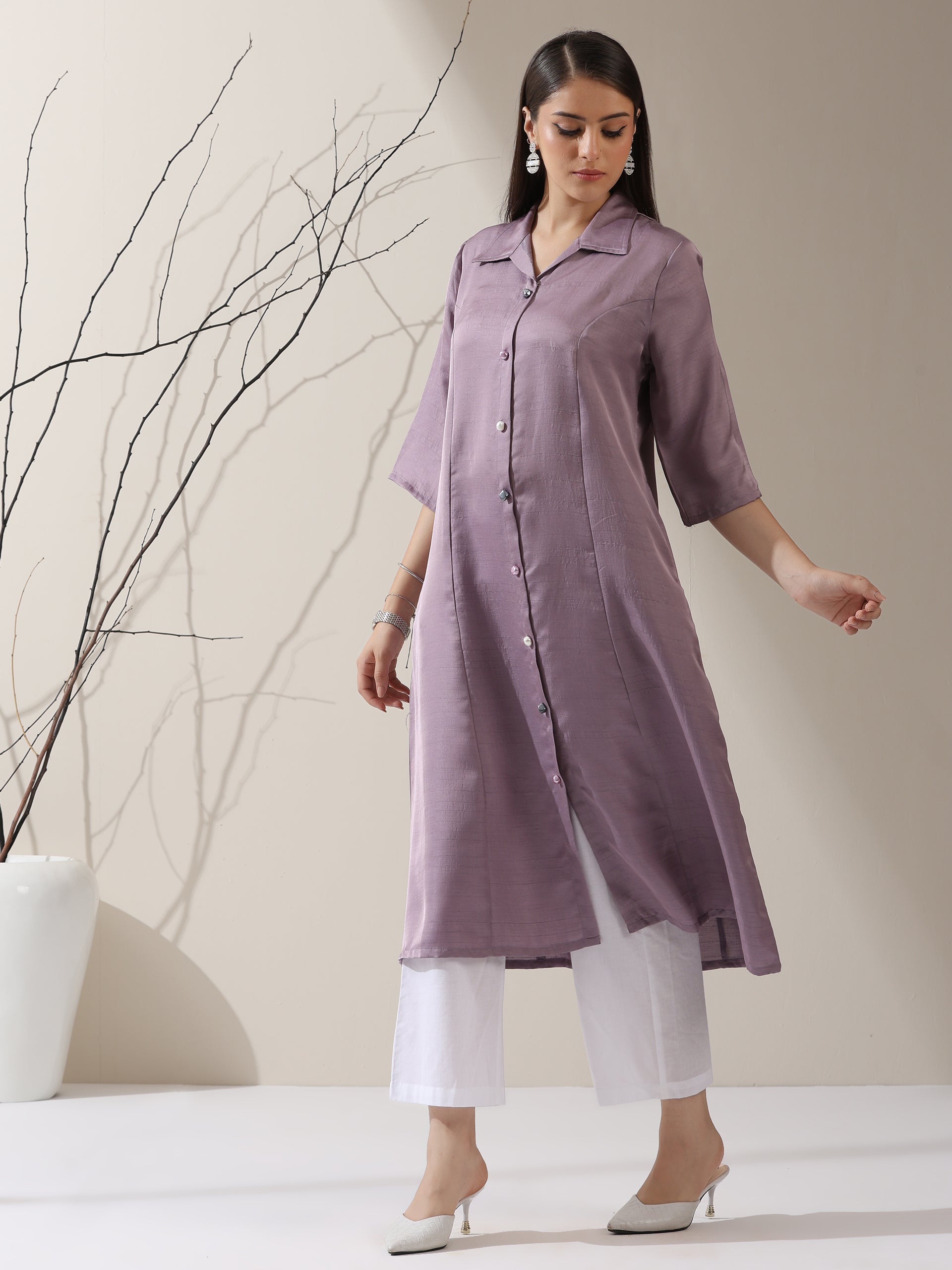 Women's Lilac Prf't Lux Paneled Collar Kurta with Freshwater Pearls & Pants | 2 Pc Set, Luxe Ethnic Co-ord, Elegant Festive Wear