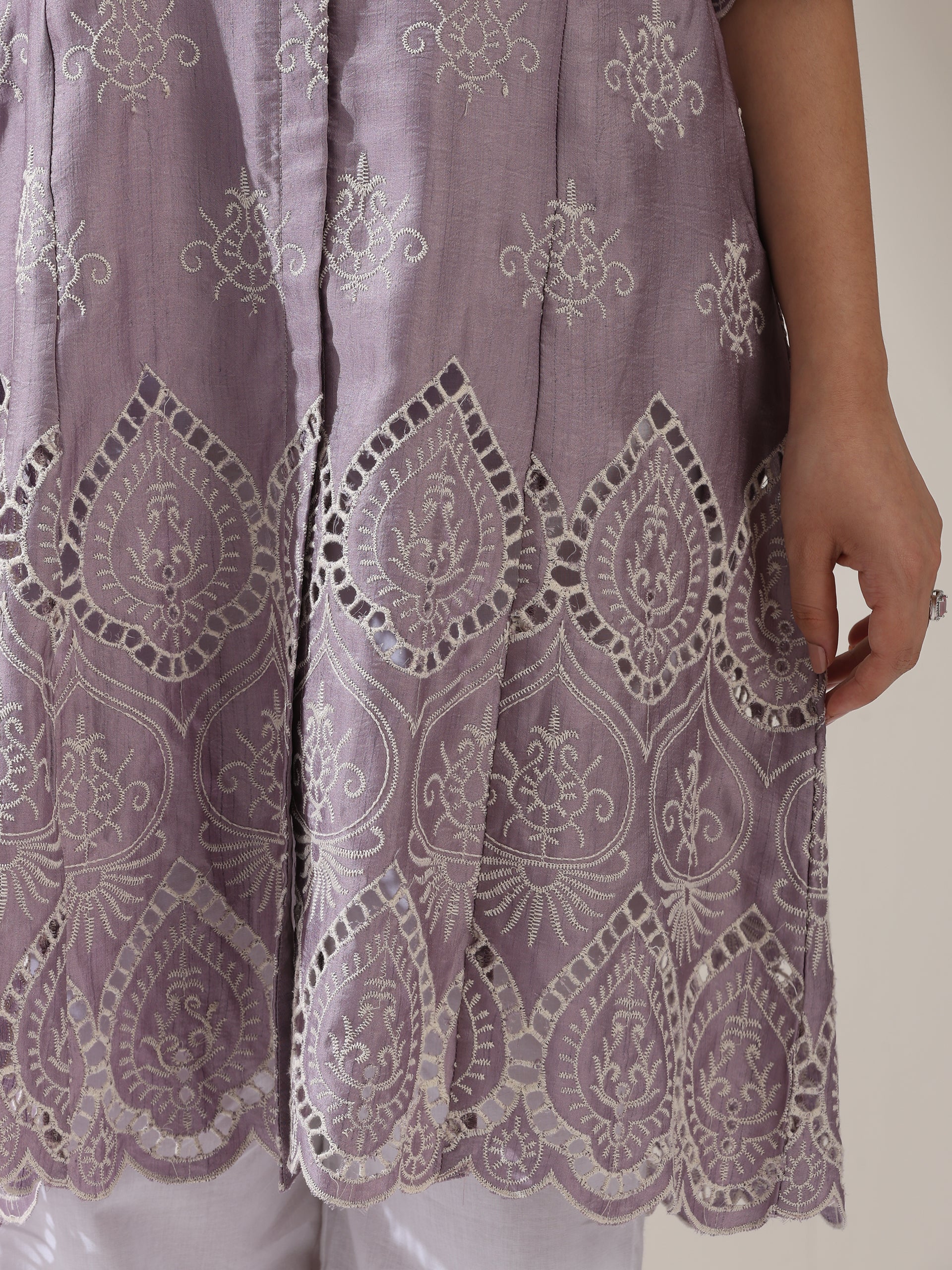 Women's Lilac Lux Beetal Schiffli Kurta with Pants | 2 Pc Set, All-Over Embroidery, Collar Panel, Soft Cotton Ethnic Co-ord