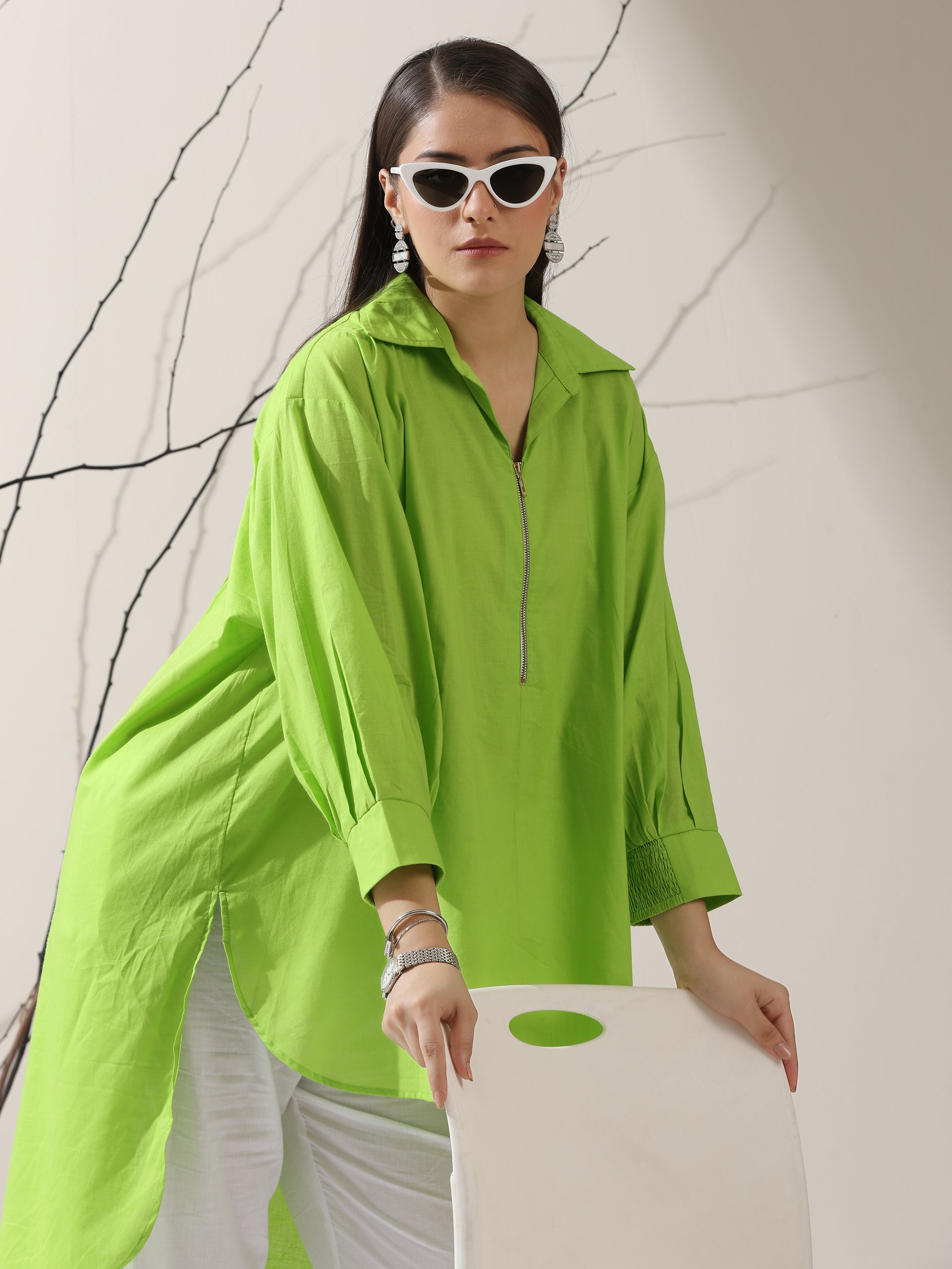Women's Sinful Green Cotton Long Zip Shirt with Adjustable Sleeves & White Pants | 2 Pc Set, Breezy Ethnic Co-ord, Modern Everyday Wear