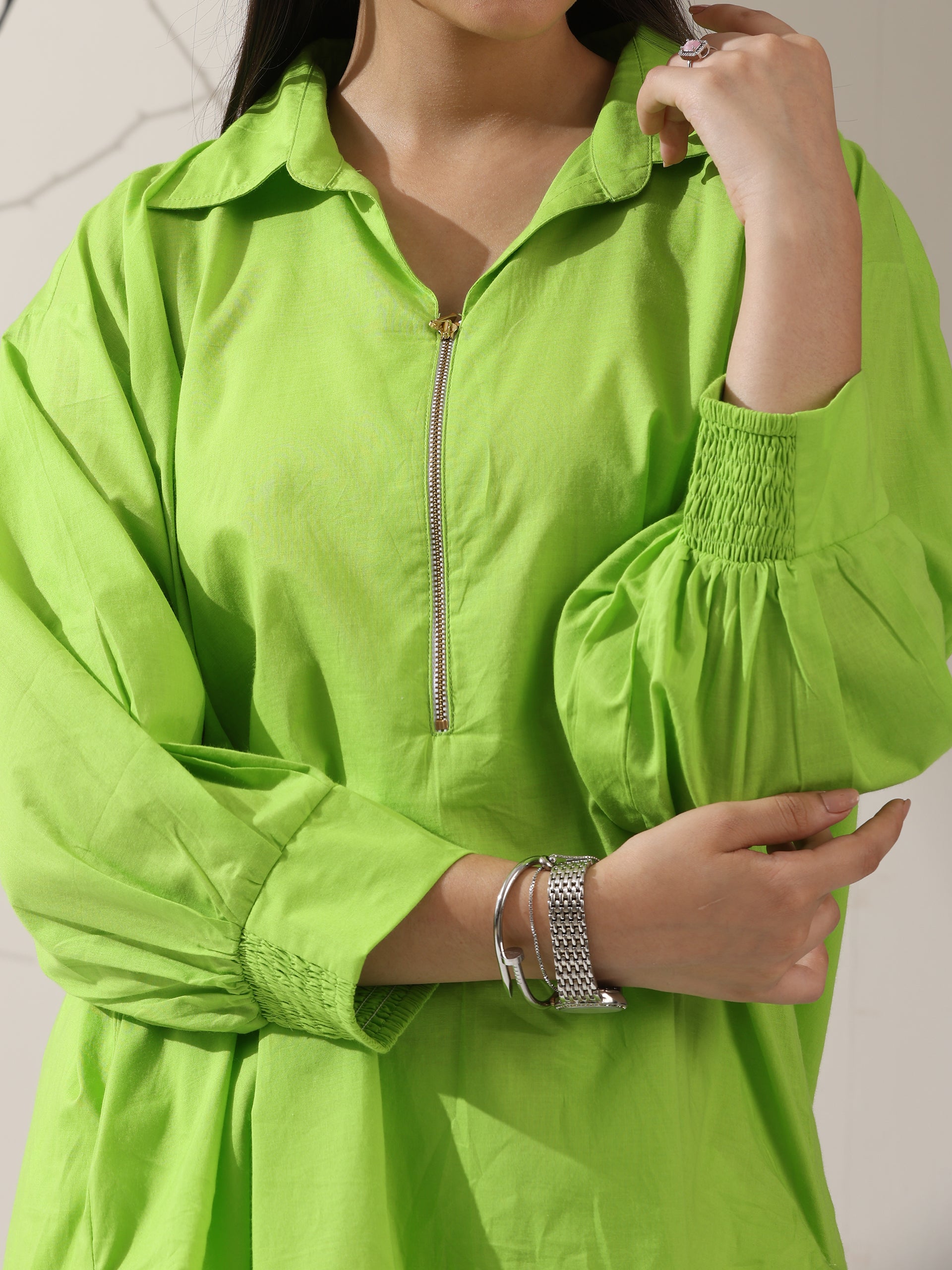 Women's Sinful Green Cotton Long Zip Shirt with Adjustable Sleeves & White Pants | 2 Pc Set, Breezy Ethnic Co-ord, Modern Everyday Wear