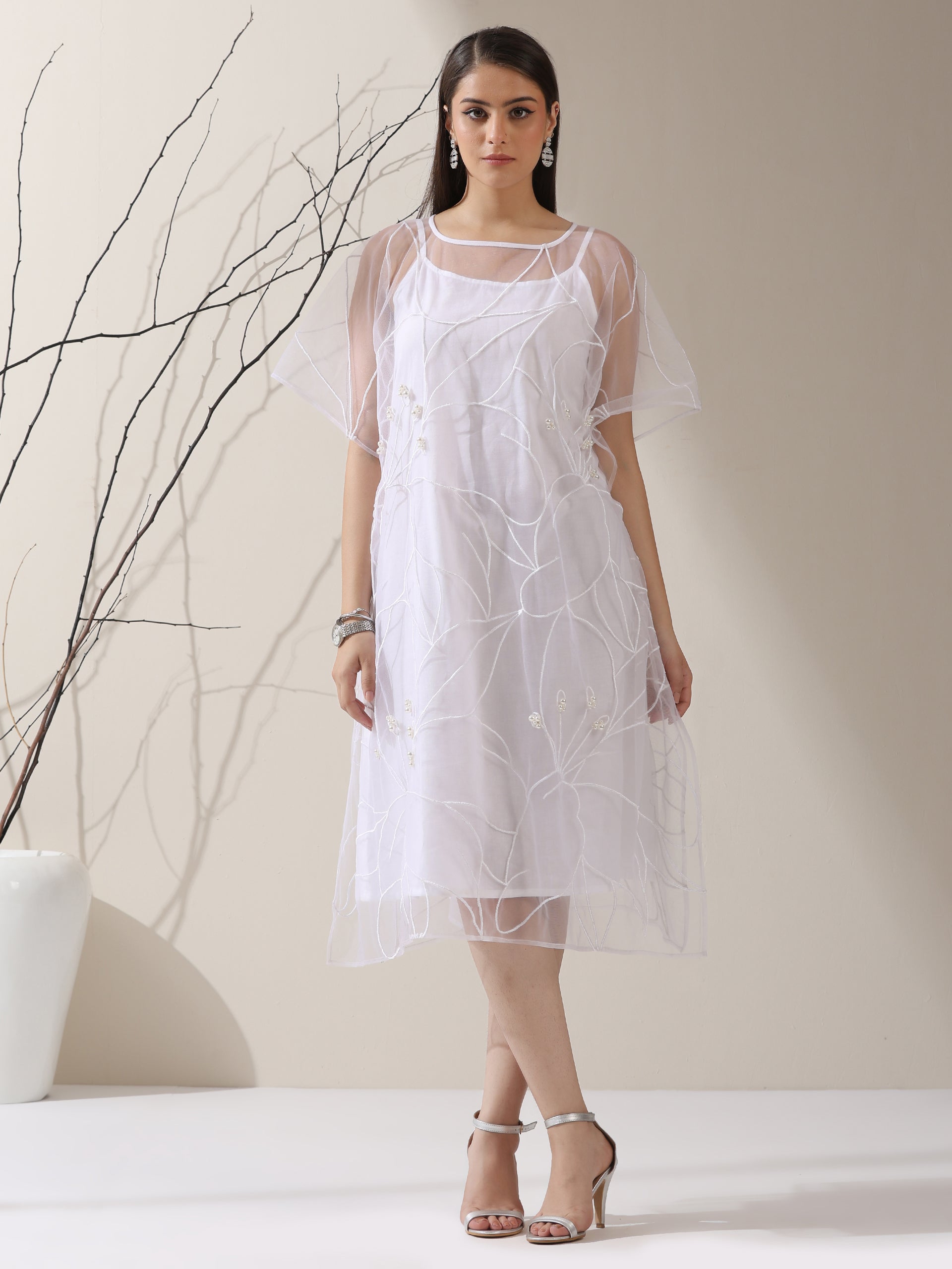Women’s White Dress Set with Embroidered Net Overlay | 2 Pc Set, Knee-Length, Flared Sleeves, Brunch Wear, Casual, Summer Dress (100% Cotton & Net Fabric)