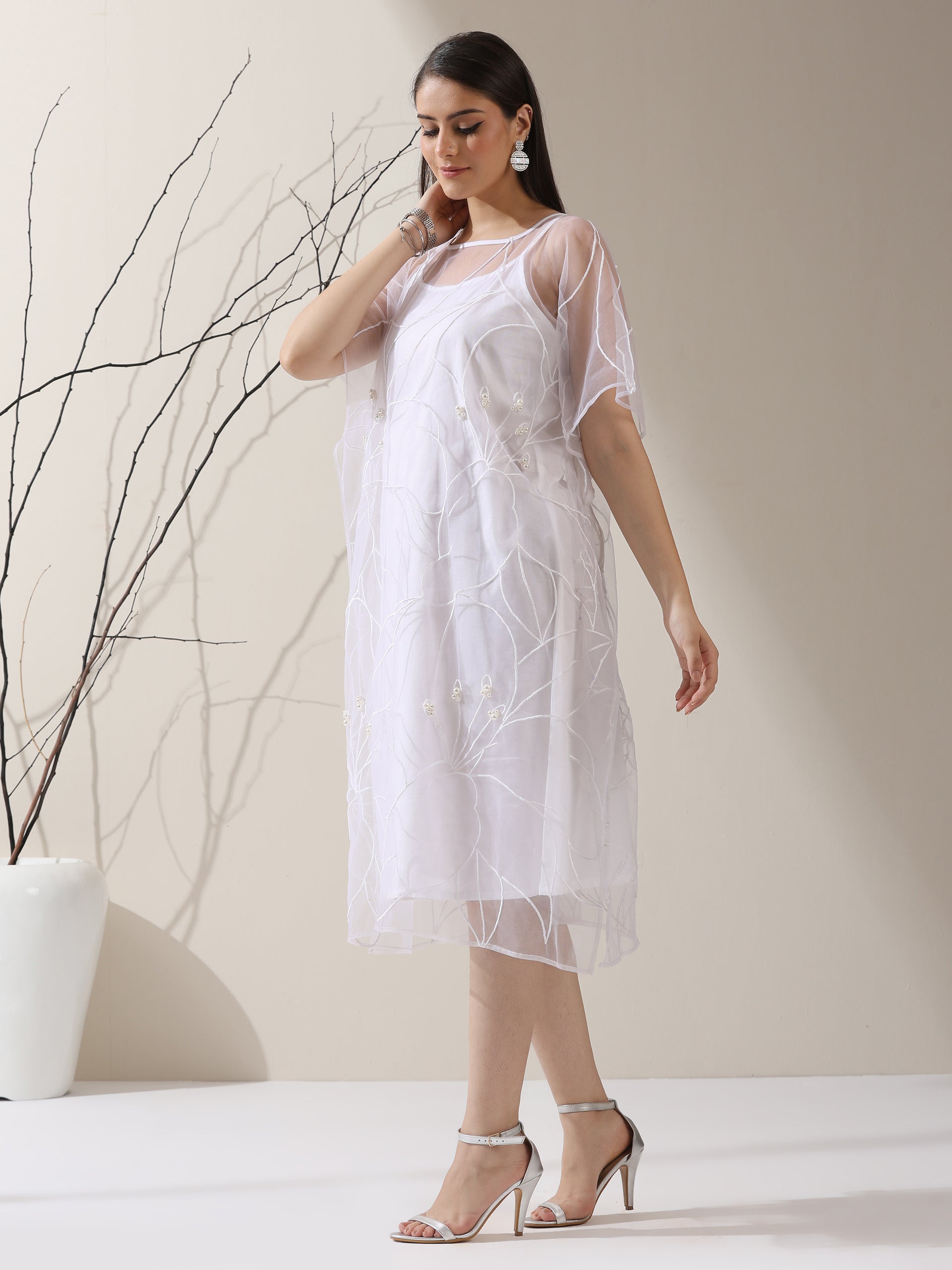 Women’s White Dress Set with Embroidered Net Overlay | 2 Pc Set, Knee-Length, Flared Sleeves, Brunch Wear, Casual, Summer Dress (100% Cotton & Net Fabric)