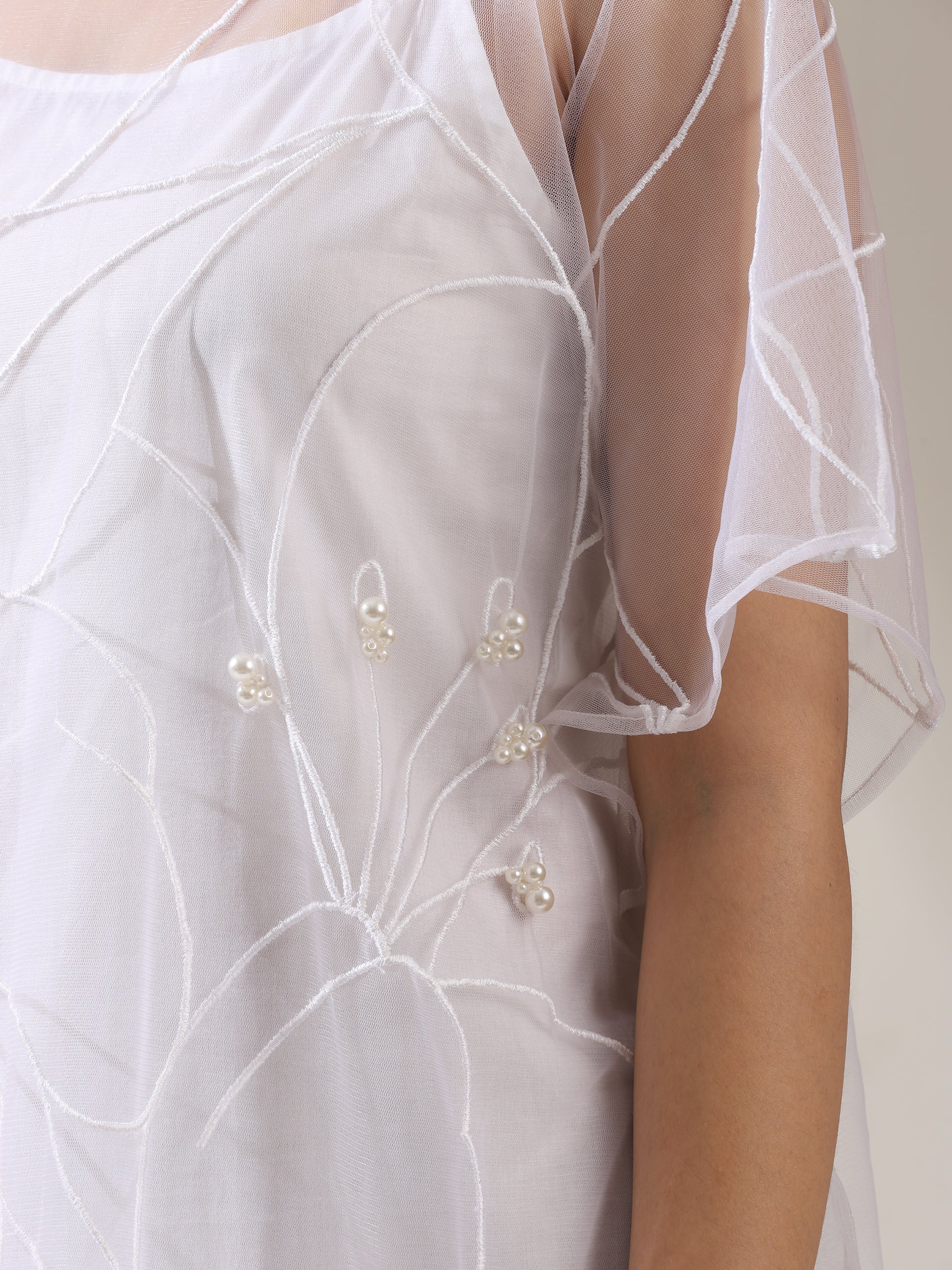 Women’s White Dress Set with Embroidered Net Overlay | 2 Pc Set, Knee-Length, Flared Sleeves, Brunch Wear, Casual, Summer Dress (100% Cotton & Net Fabric)