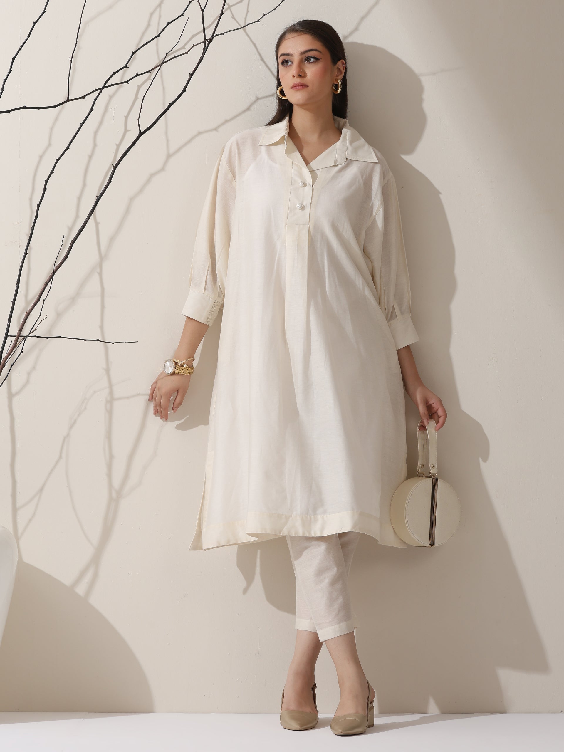 Women's Chanderi Cotton Kurta with Collar, Slip & Pants | 3 Pc Set, Sheer Elegance Co-ord, Lightweight Festive Wear