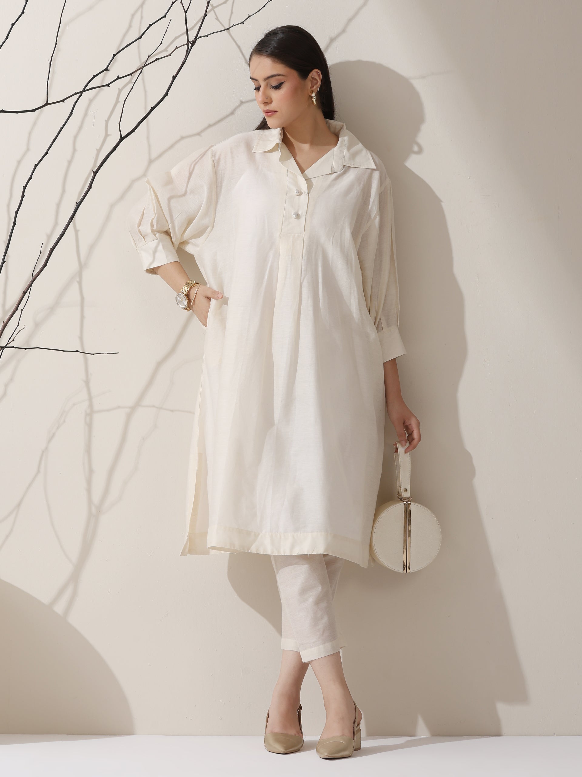 Women’s Chanderi Cotton Kurta & Slip | 2 Pc Set, Collared Neck, Light Festive, Workwear Ready