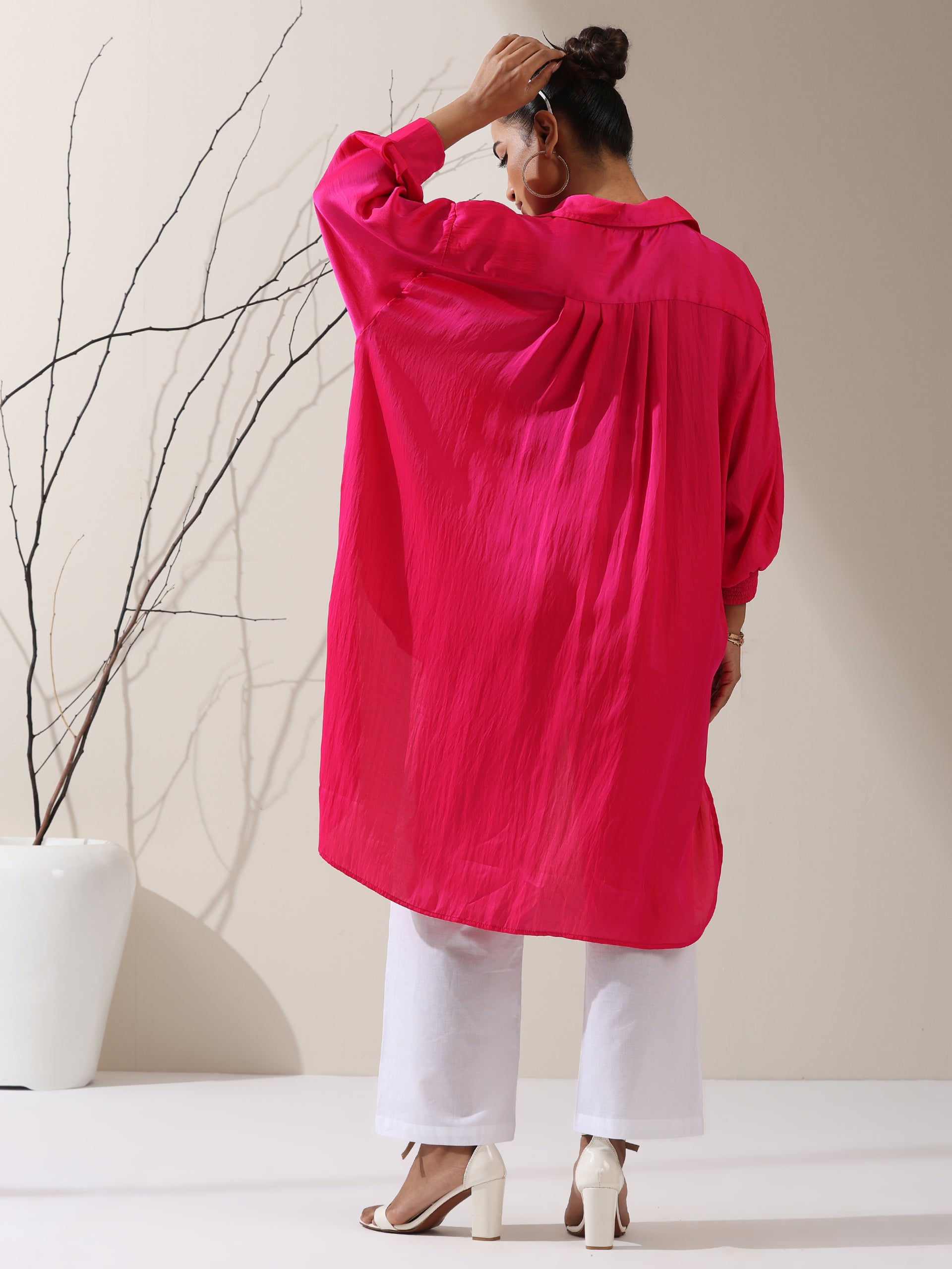 Women's Fuschia Satin Long Zip Shirt with Adjustable Sleeves & White Cotton Pants | 2 Pc Set, Bold Fusion Co-ord, Elegant Contemporary Wear